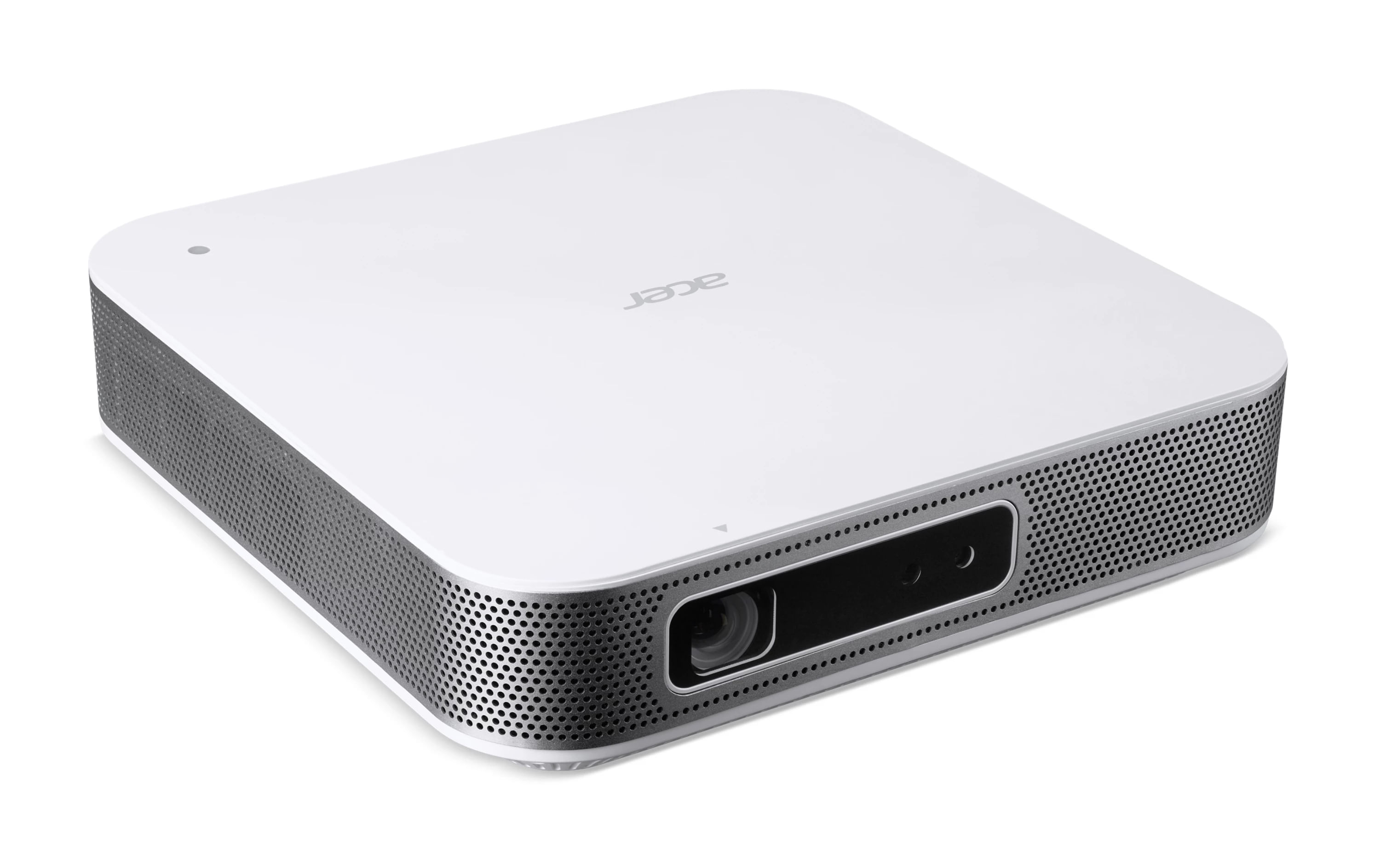 Un proyector Acer blanco con esquinas redondeadas y rejilla de ventilación plateada sobre fondo blanco.
