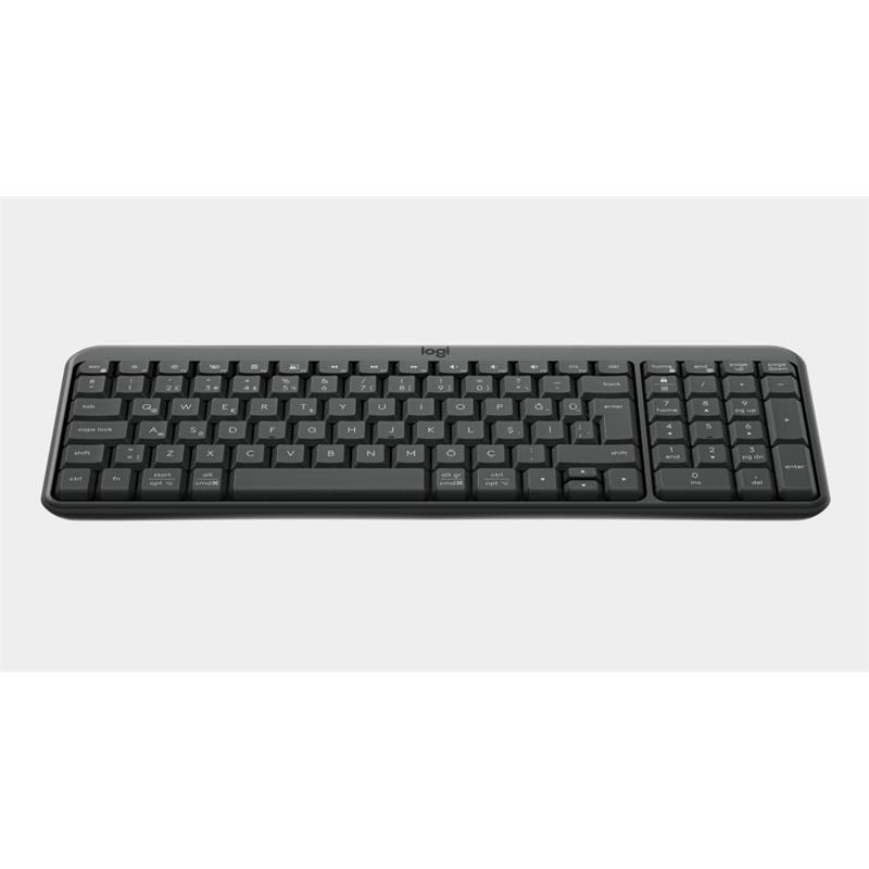 Açık arka plan üzerinde siyah kablosuz Logitech klavye.
