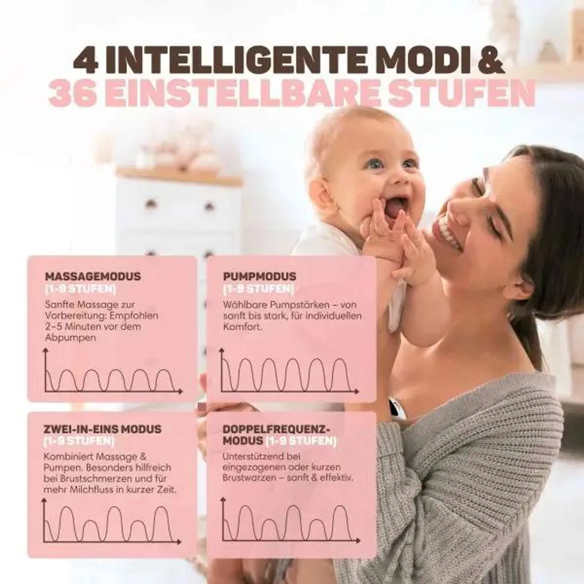 Eine Mutter hält lächelnd ihr Baby, mit vier rosa Infoboxen über verschiedene Pumpmodi im Hintergrund.