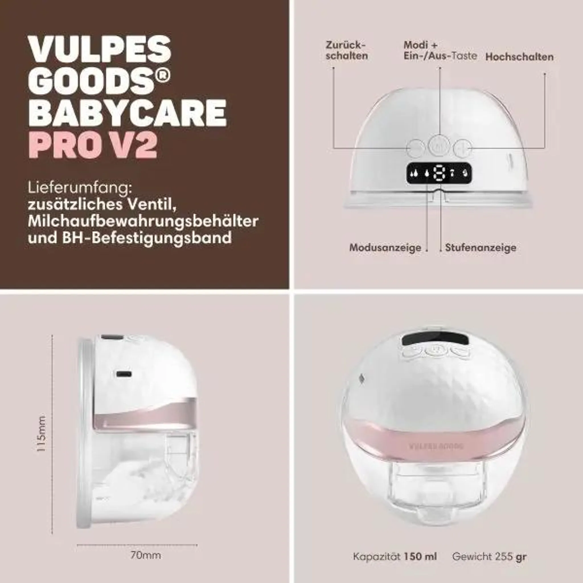 Produktübersicht der Vulpes Goods Babycare Pro V2 Milchpumpe mit Produktmerkmalen, Maßen und technischen Daten.