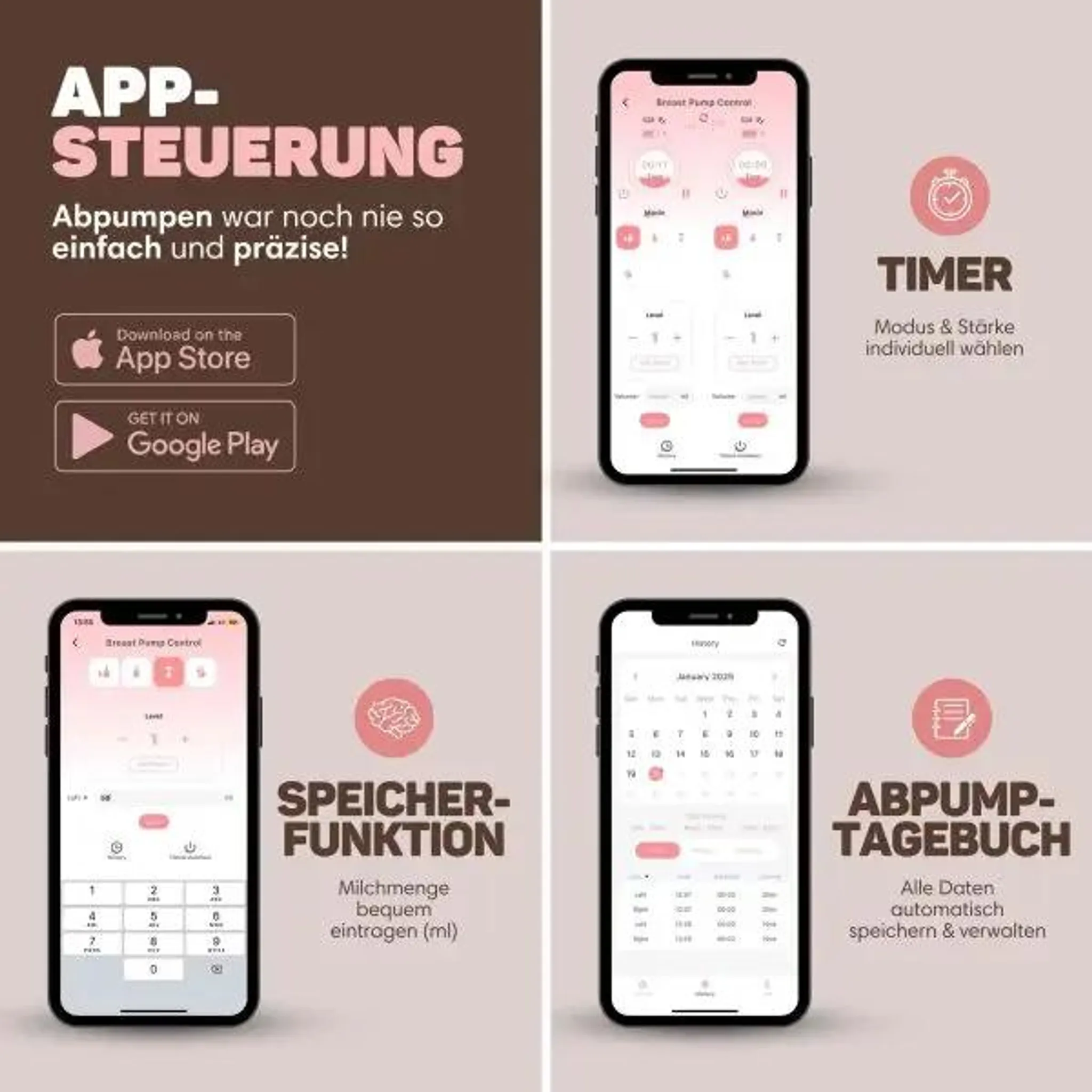 App-Steuerung für Milchpumpen mit Timer, Speicherfunktion und digitalem Tagebuch.