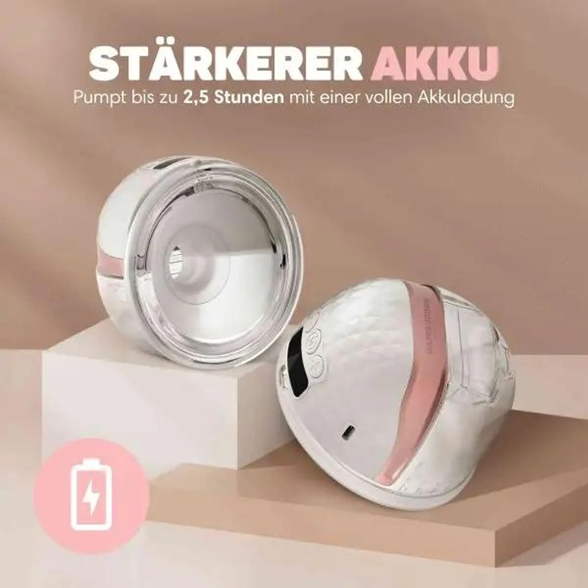 Zwei weiße und rosafarbene Milchpumpen stehen auf beigen Sockeln vor einem beigen Hintergrund mit Text.