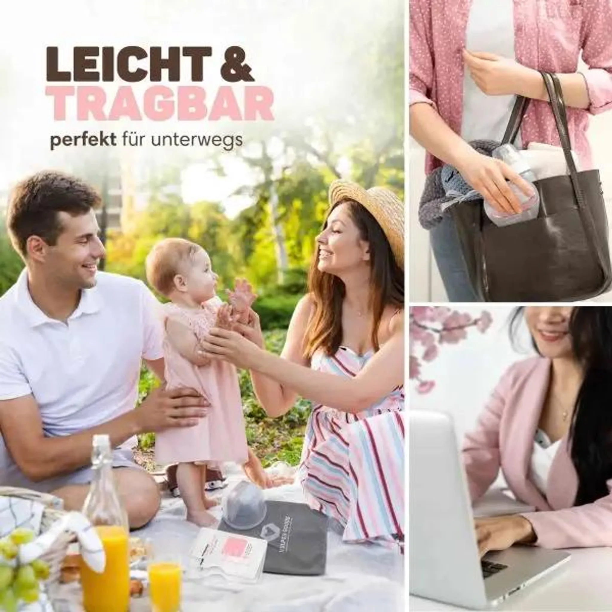 Eine Familie beim Picknick im Park, eine Frau mit Tasche und eine Frau am Laptop.