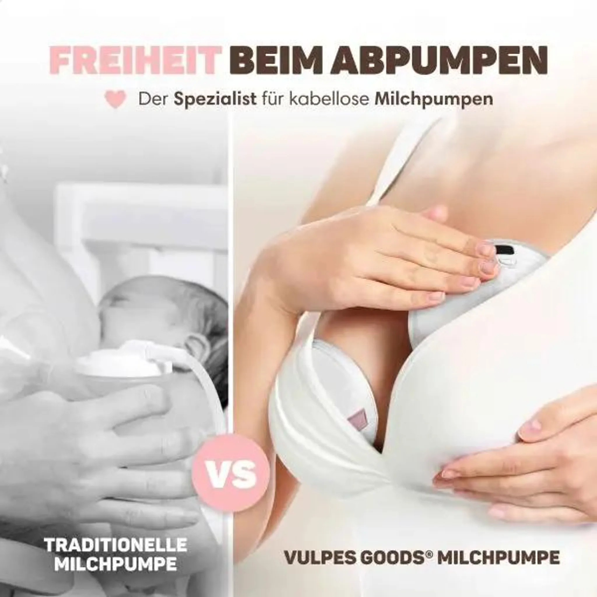 Vergleich zwischen traditioneller Milchpumpe und kabelloser Vulpes Goods Milchpumpe in einem Werbebild.