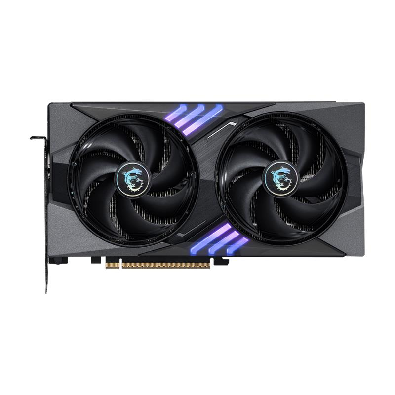 Beyaz arka planda çift fanlı ve mavi LED şeritli siyah bir MSI ekran kartı.