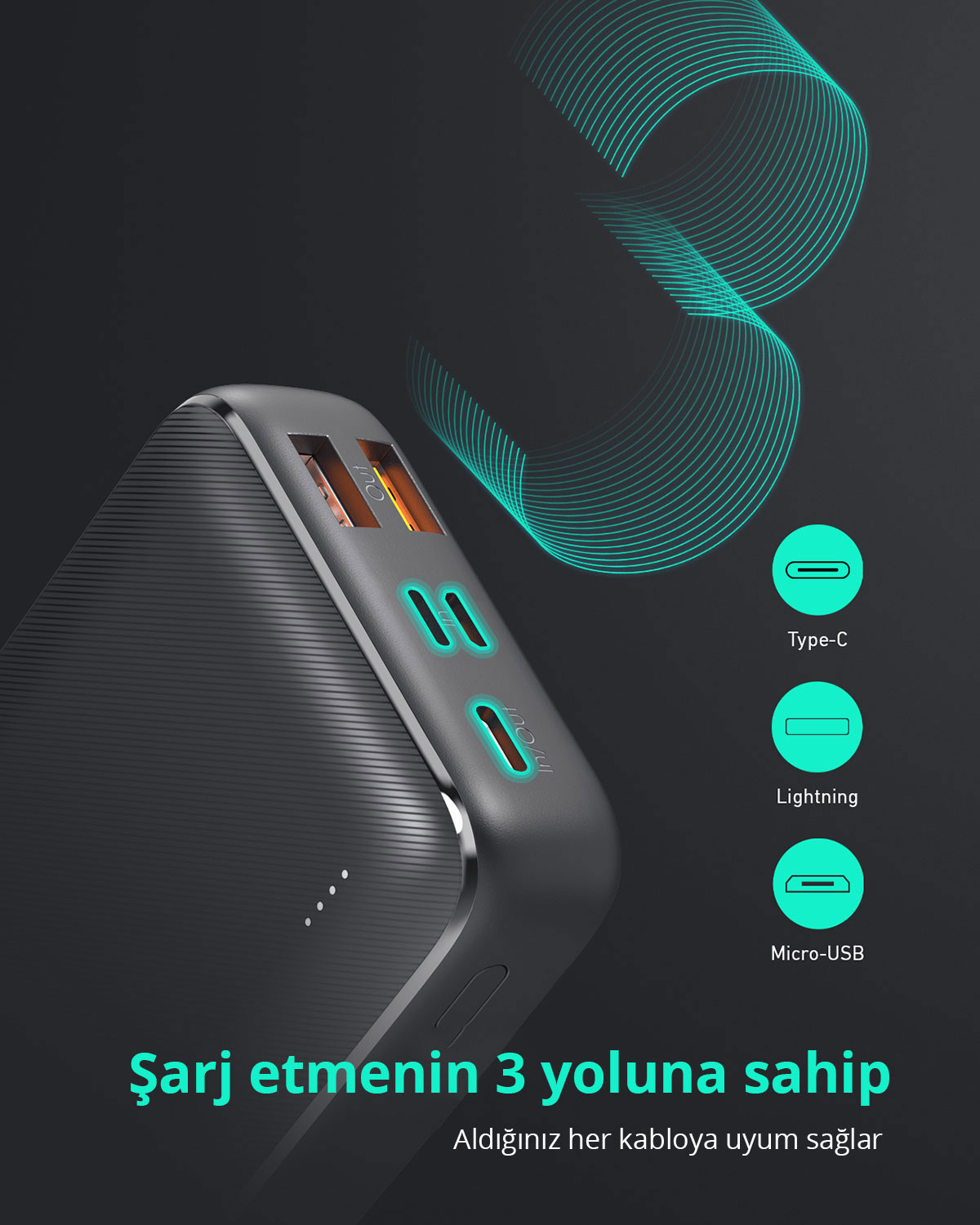 Siyah arka planda çeşitli portlar ve turkuaz grafikler içeren taşınabilir şarj cihazı.