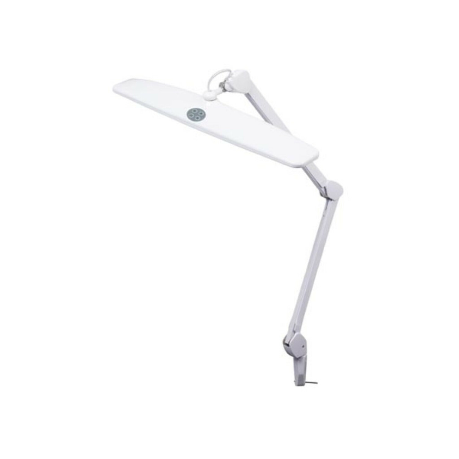 Eine weiße Schreibtischlampe mit verstellbarem Arm auf einem weißen Hintergrund.