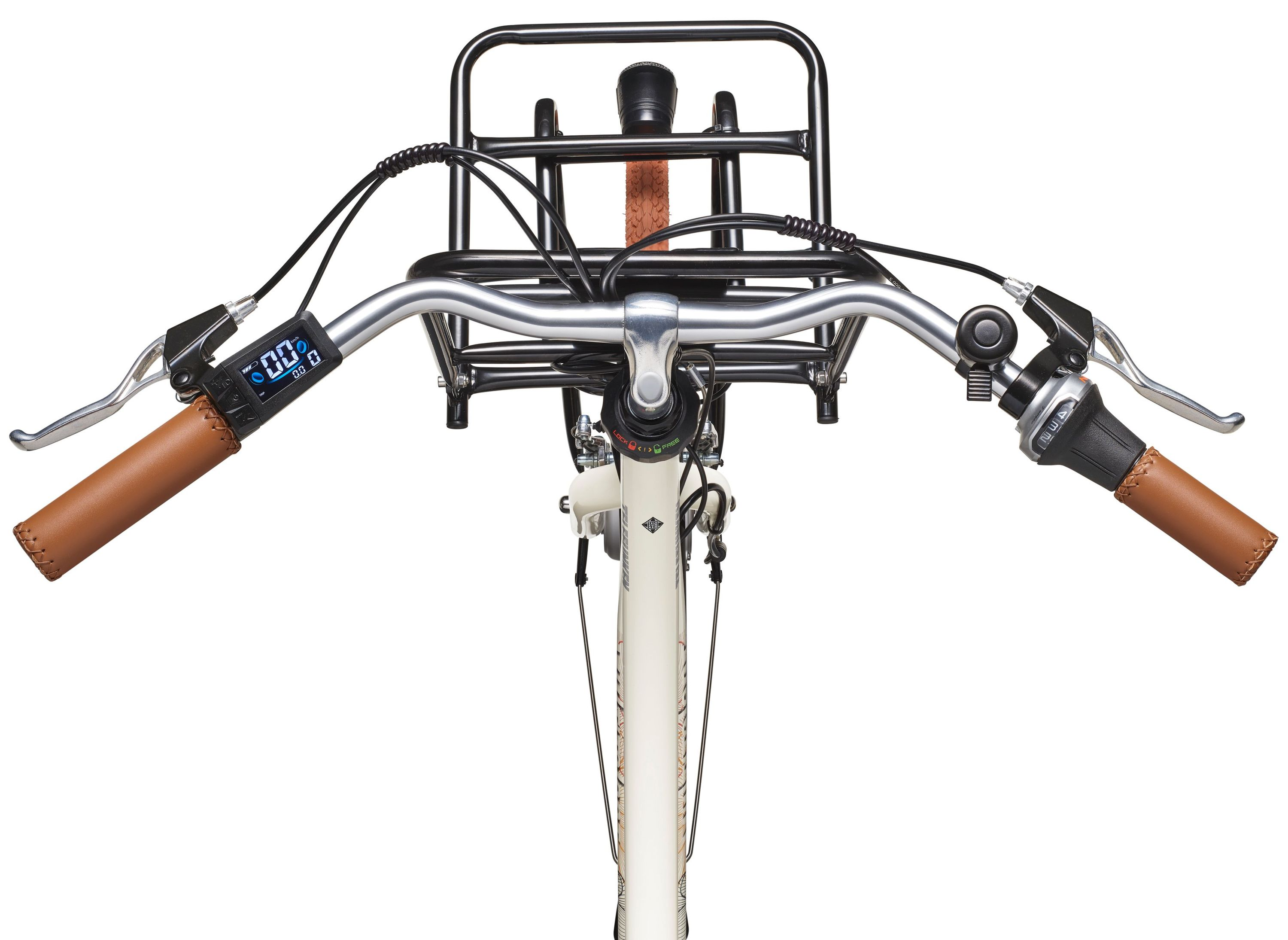 Frontansicht eines Fahrradlenkers mit braunen Griffen, Display, Bremsen und einem großen schwarzen Gepäckträger.