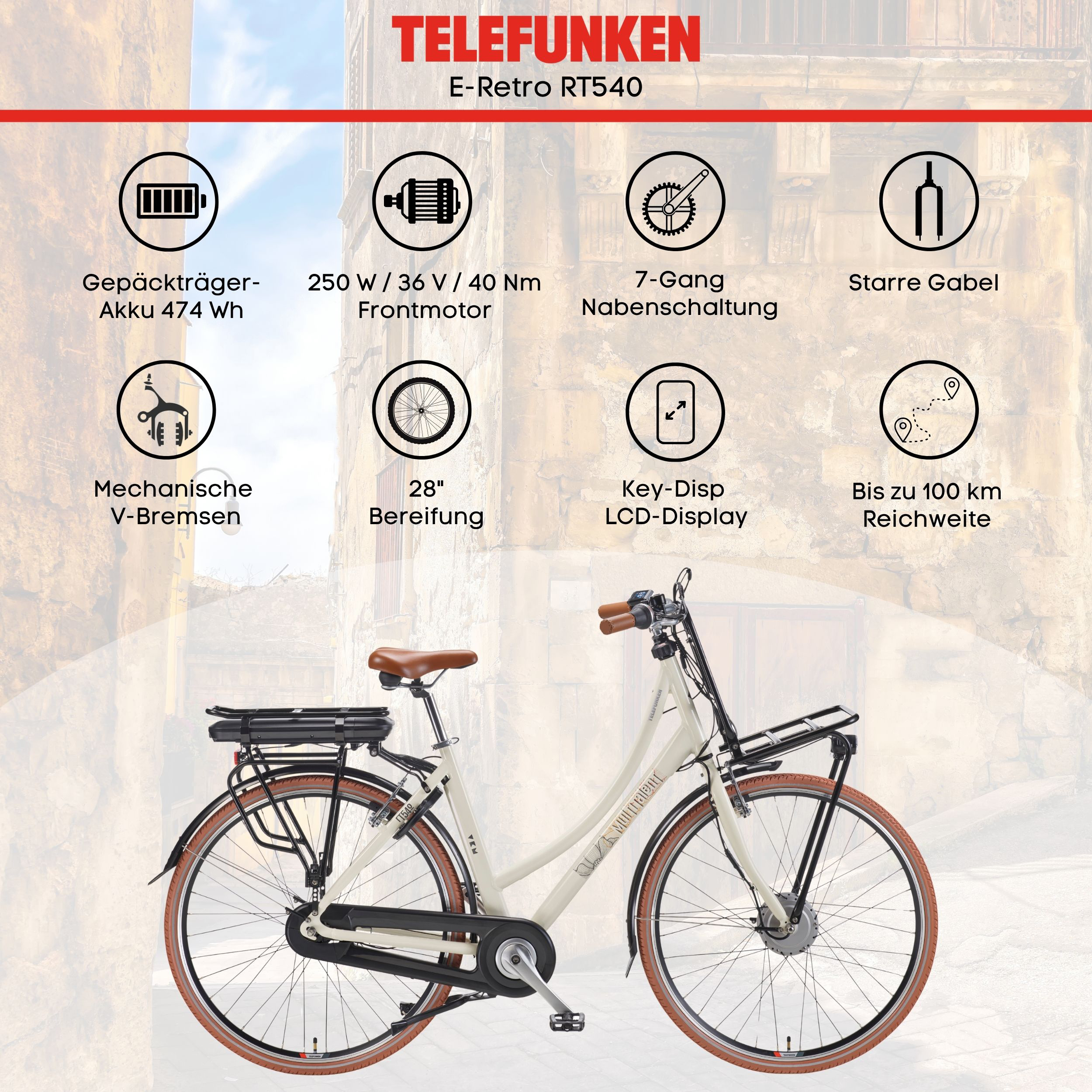 Telefunken E-Retro RT540 E-Bike mit Cremefarbe, Frontmotor, Gepäckträger-Akku und technischen Icons.