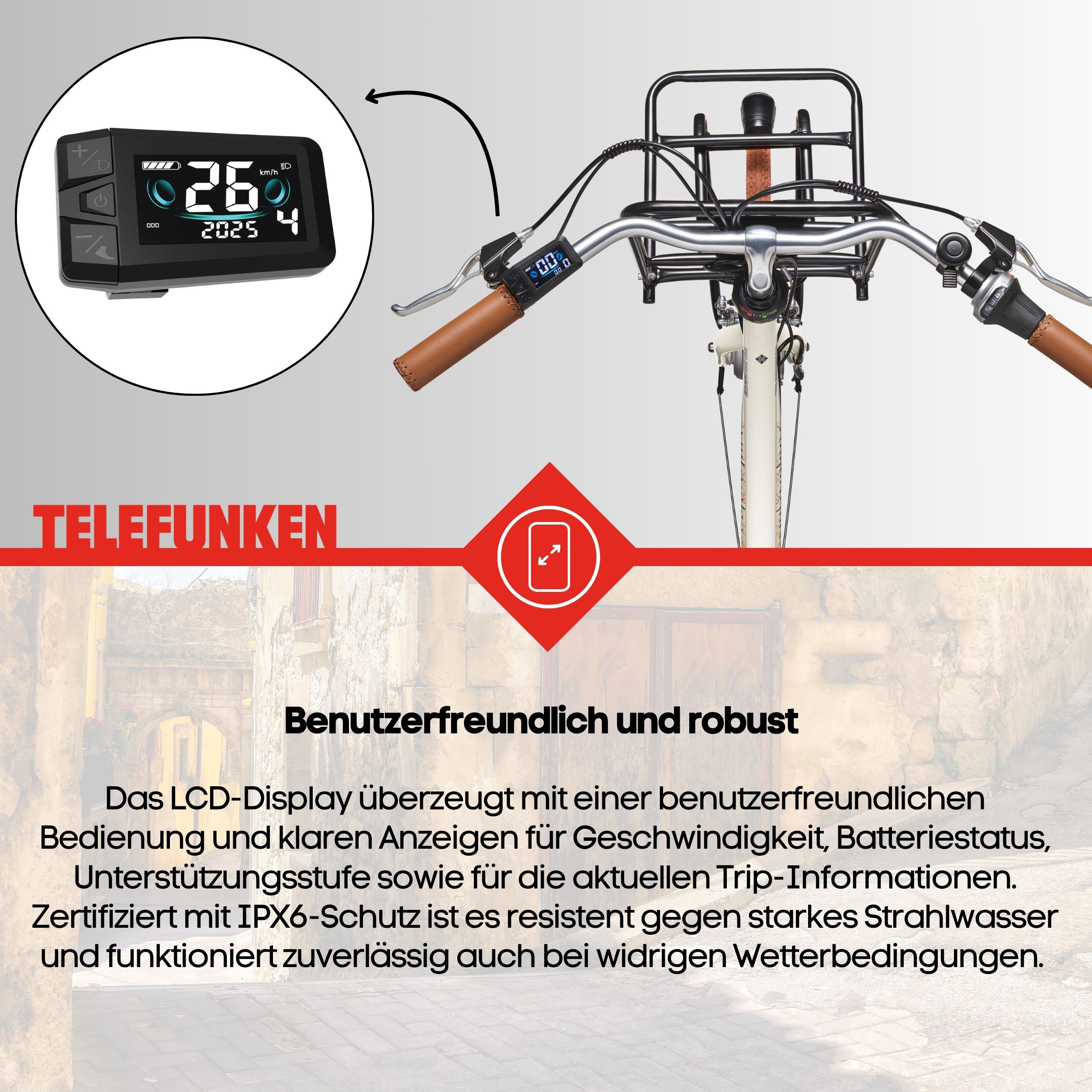 E-Bike Lenker mit Display, vorderem Gepäckträger und deutscher Produktbeschreibung unten.