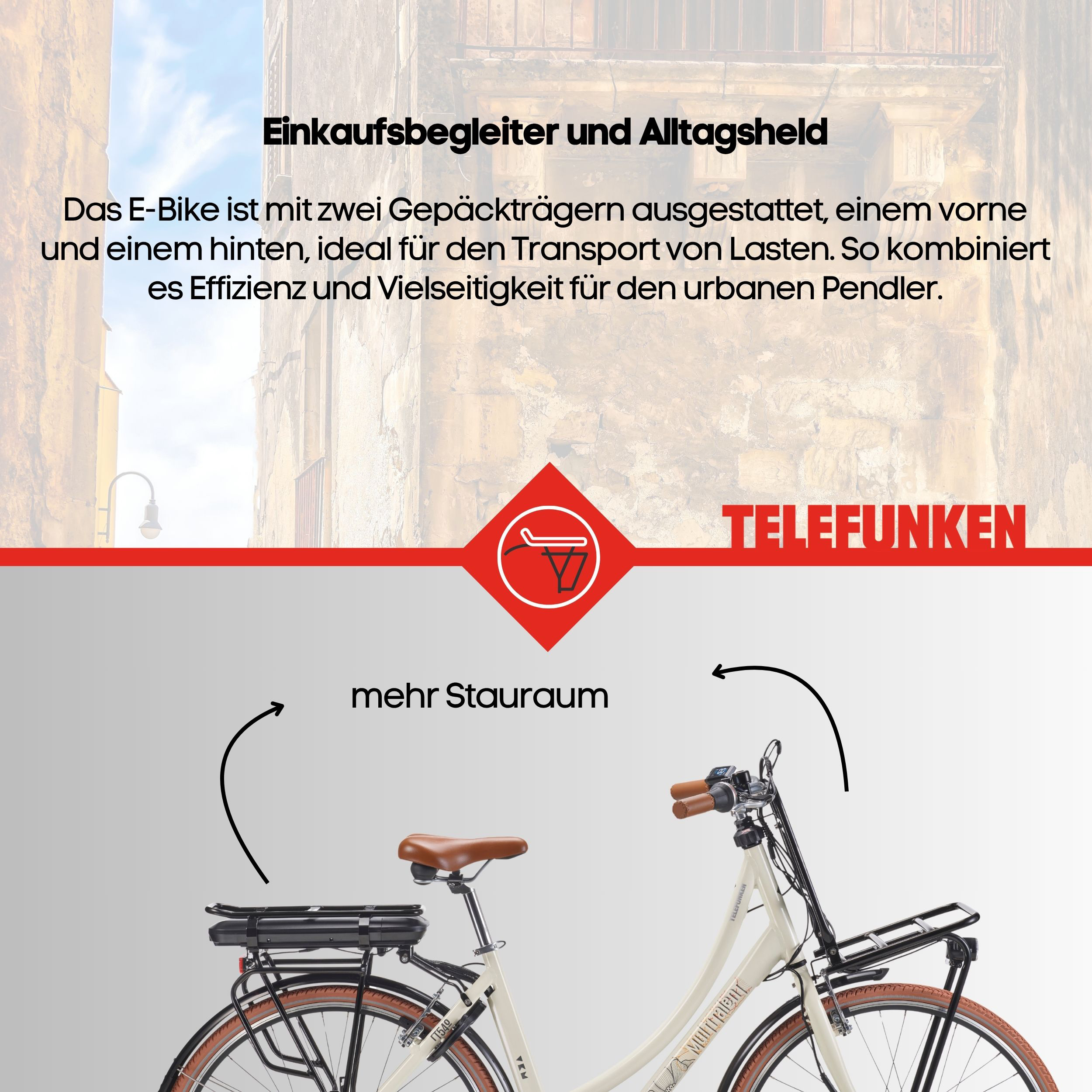 Werbebild für ein cremefarbenes Telefunken E-Bike mit zwei Gepäckträgern und Text auf Deutsch.