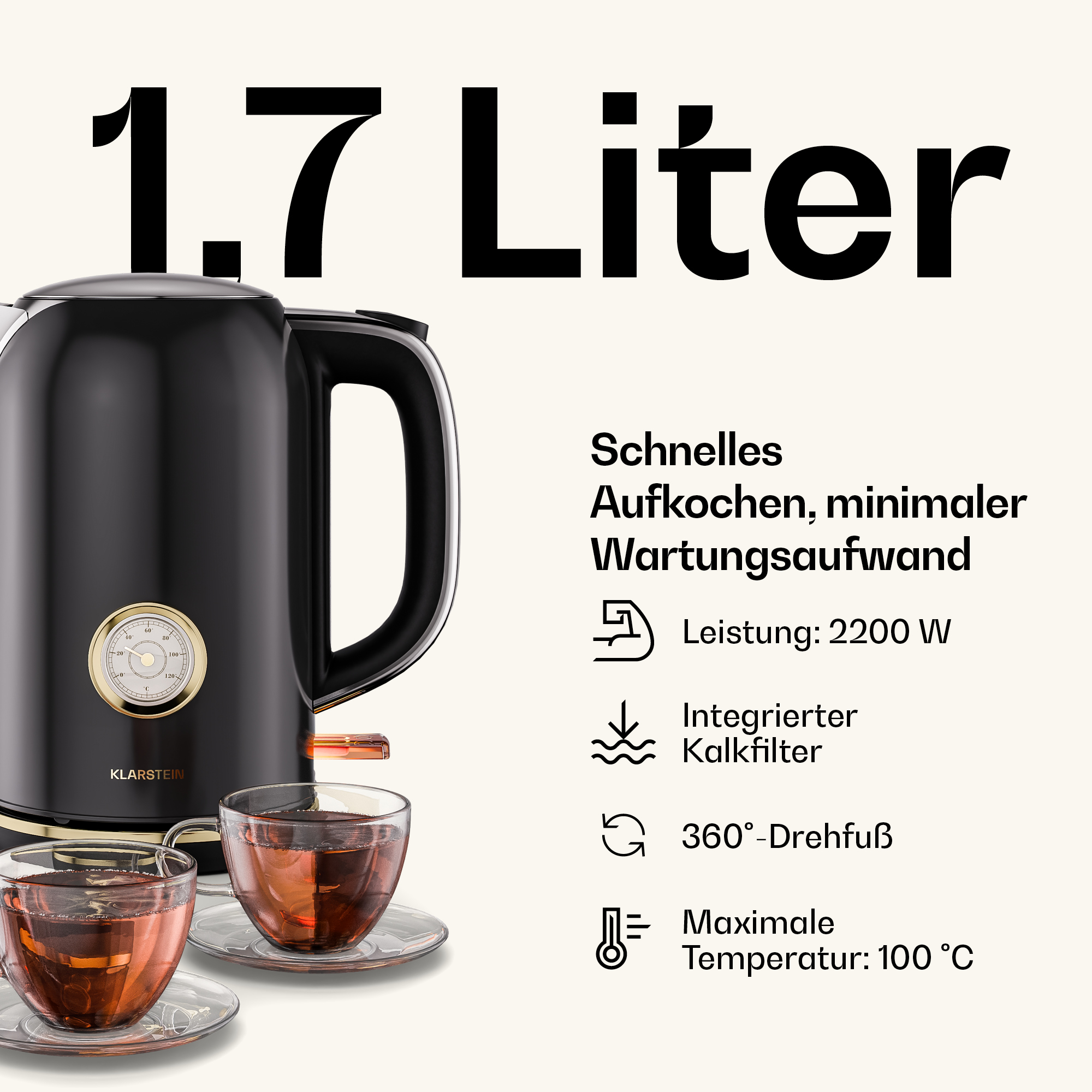 Schwarzer 1,7-Liter-Klarstein-Wasserkocher mit Thermometer und Teetassen auf hellem Hintergrund.