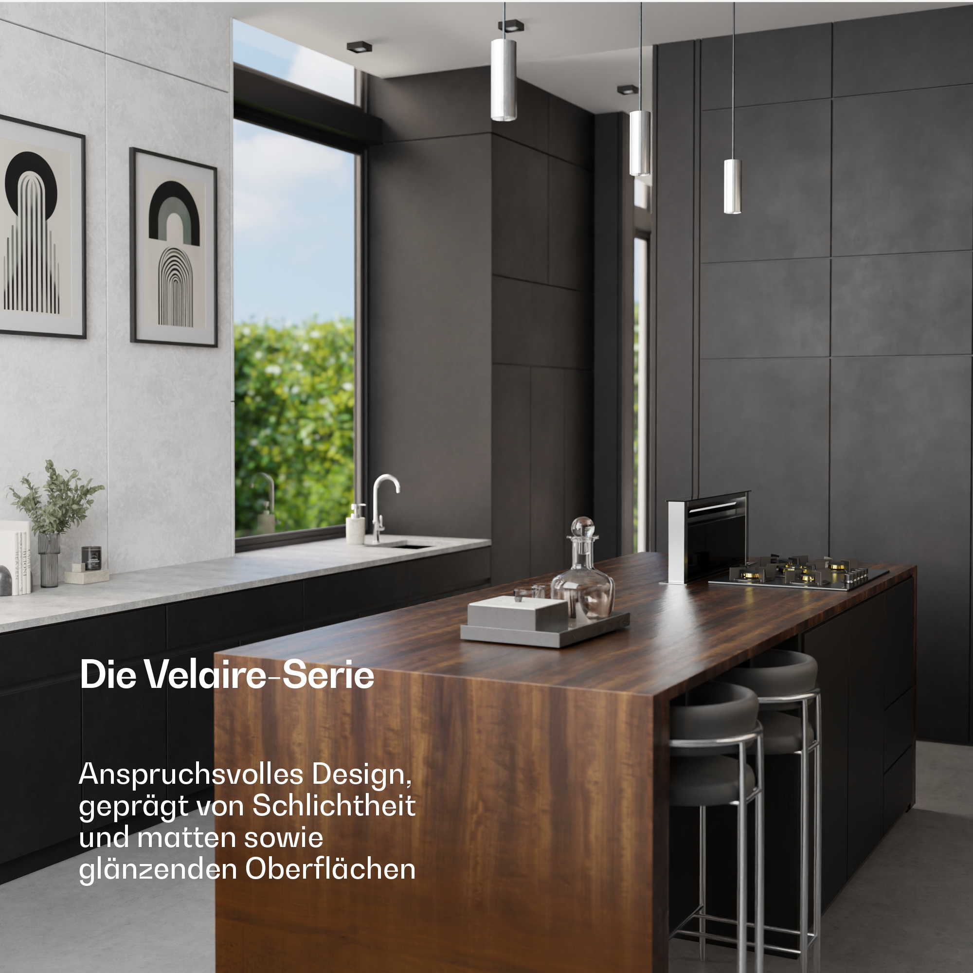 Moderne Küche mit dunklen Fronten, einer Holzarbeitsinsel, Barhockern und großen Fenstern mit grünem Ausblick.