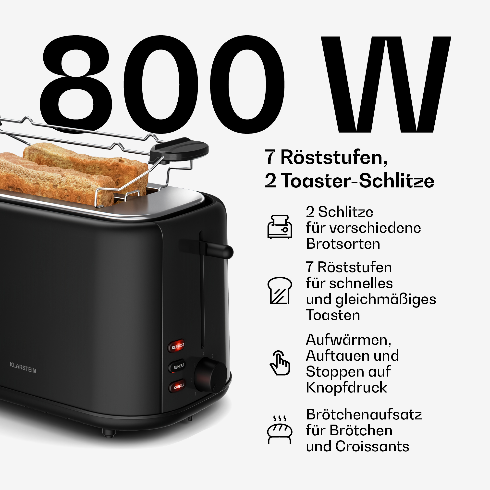 Schwarzer 800-Watt-Toaster mit zwei Schlitzen, Brötchenaufsatz und Bedienknöpfen, dazu deutsche Funktionsbeschreibungen.