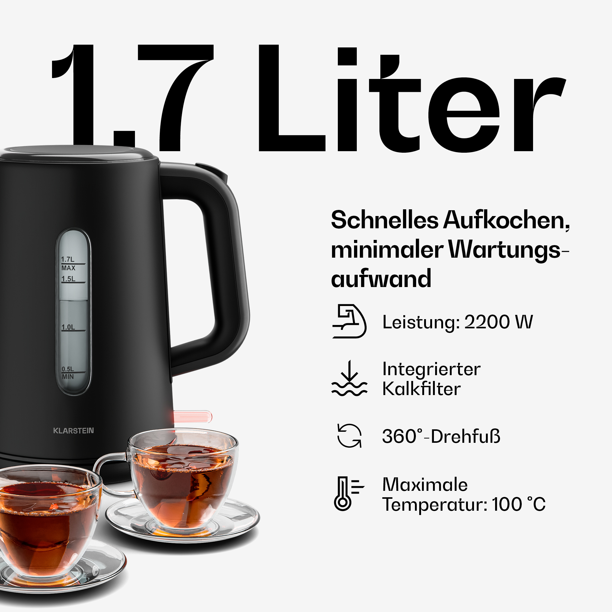 Schwarzer 1,7-Liter-Wasserkocher mit Teetassen und technischen Produktdetails.