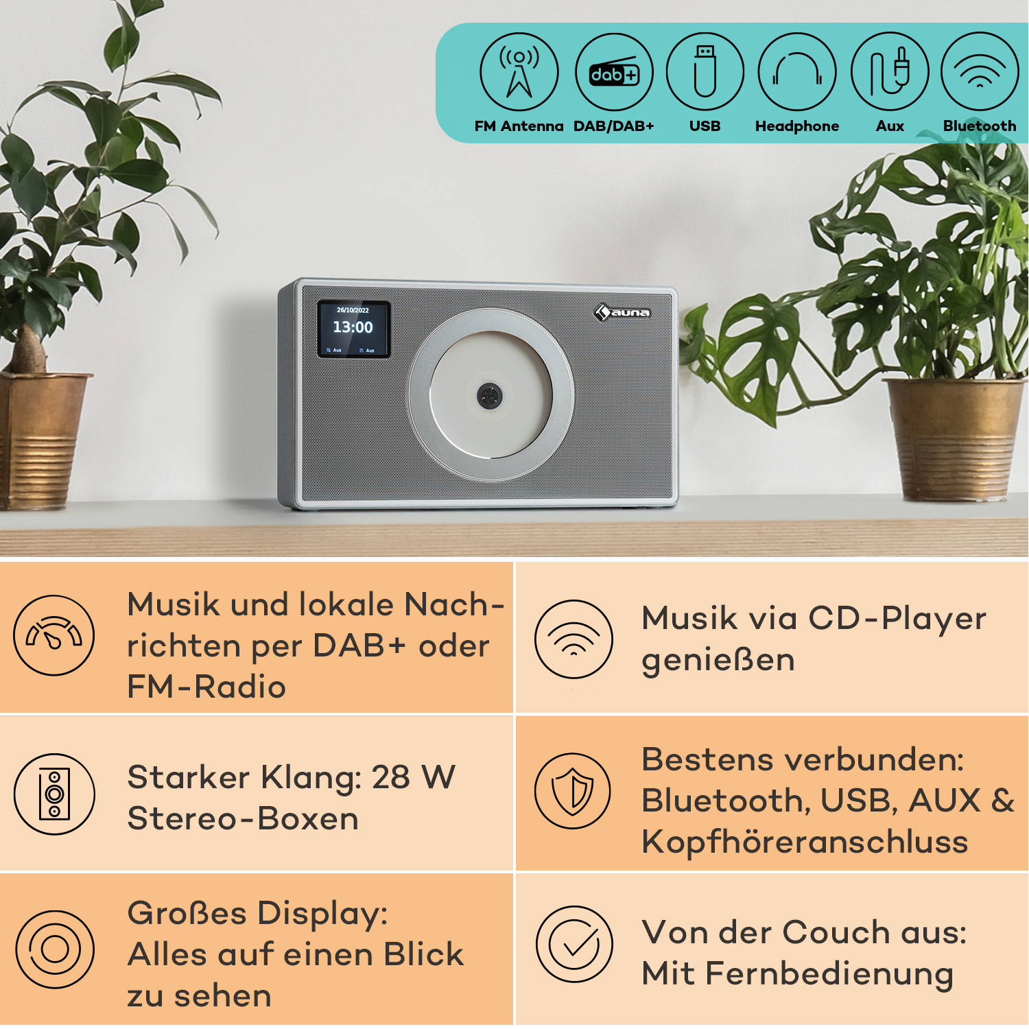 Auna Radio auf einem Regal zwischen zwei Topfpflanzen, mit Infografiken zu Features wie DAB+ und Bluetooth.