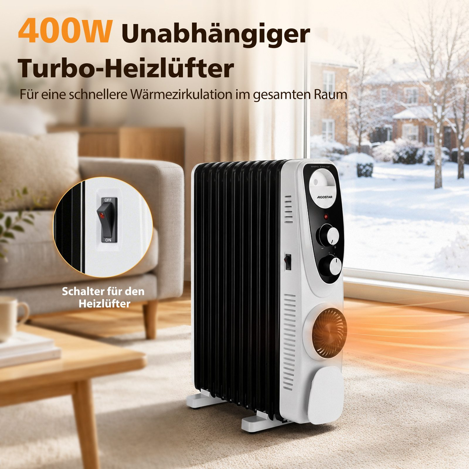 Ein weiß-schwarzer Radiator-Heizlüfter mit orangen Wärmestrahlen steht in einem gemütlichen Wohnzimmer.