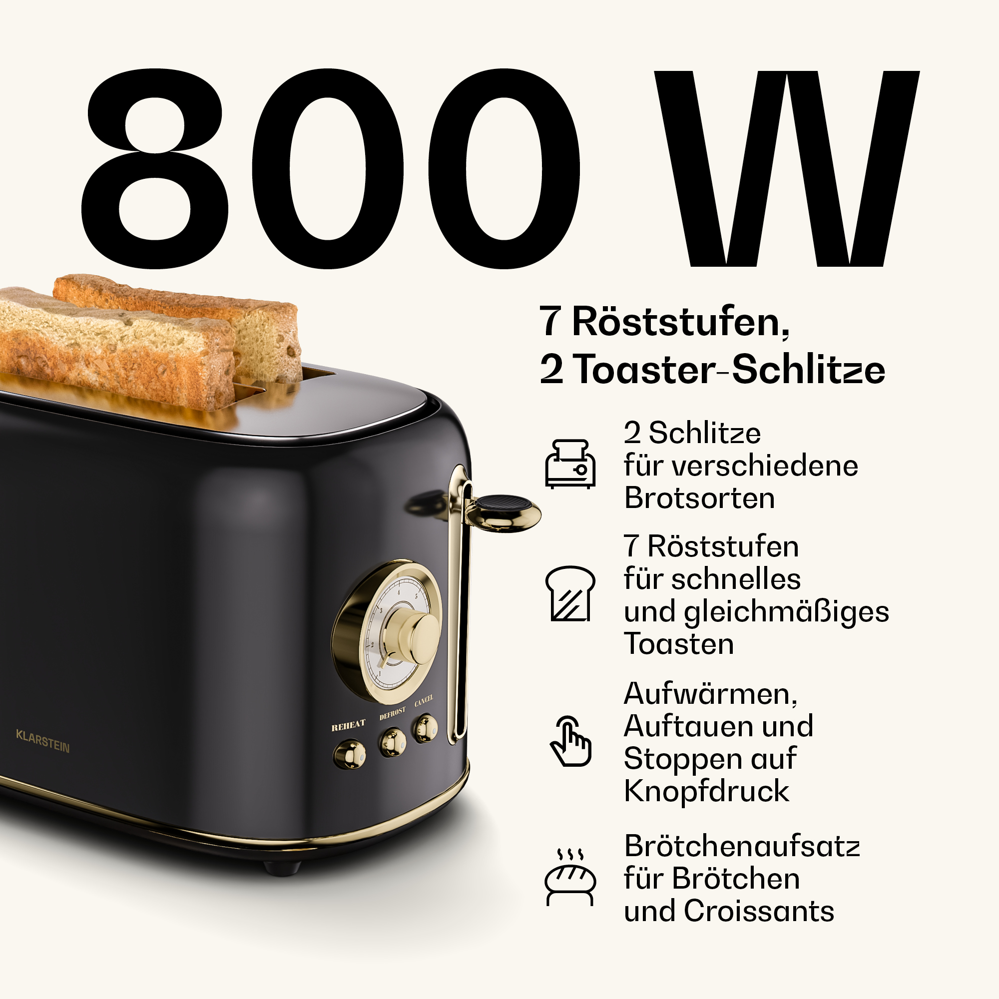 Ein schwarzer Toaster mit goldenen Details, Toastscheiben und deutscher Produktbeschreibung.