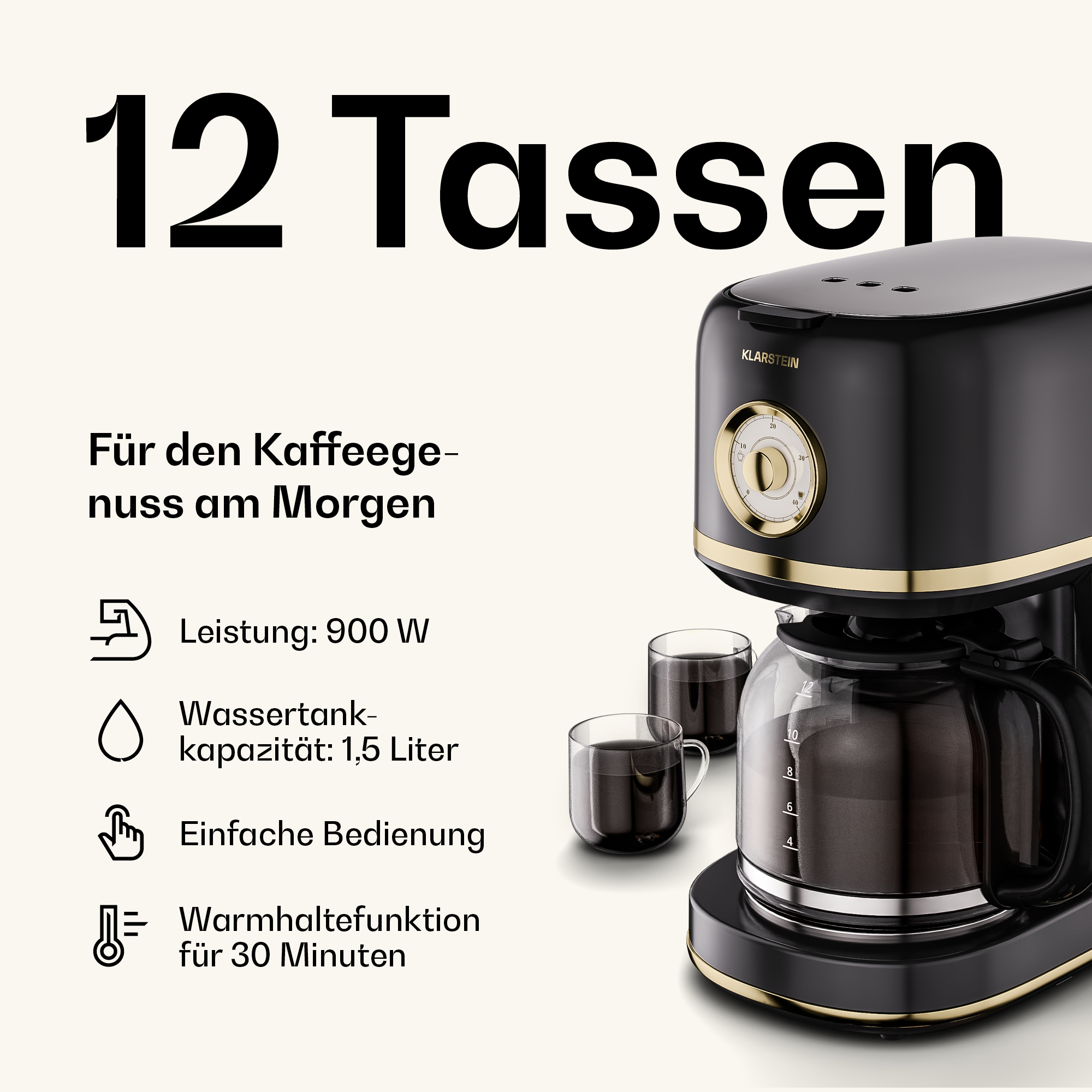 Schwarze Klarstein Filterkaffeemaschine mit goldenen Akzenten, Glaskanne und zwei Tassen davor, mit Werbetext.