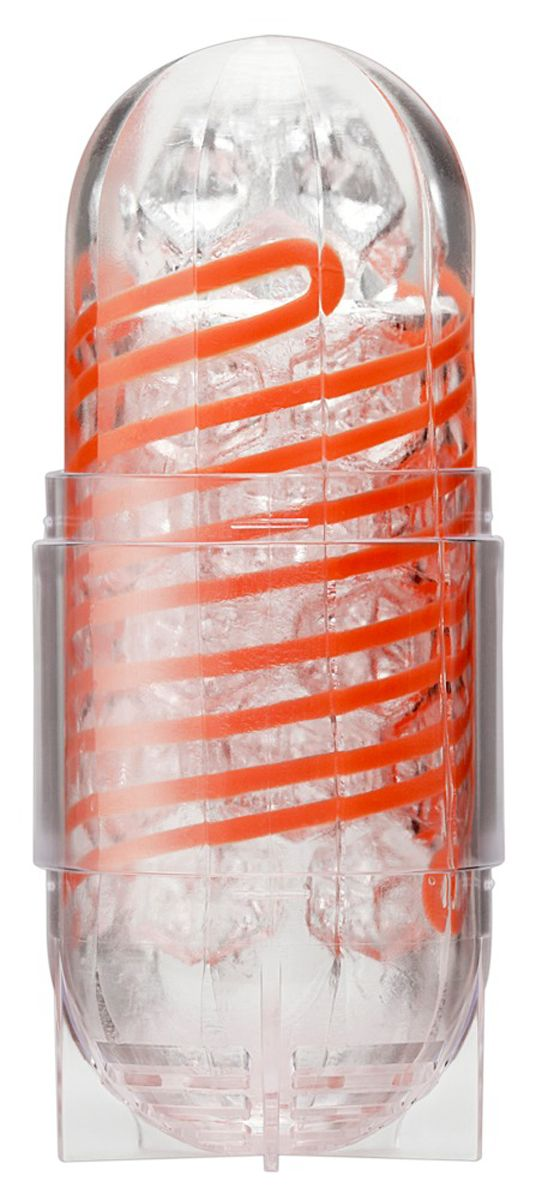 Ein zylindrisches, transparentes Kunststoffobjekt mit einer orangefarbenen Spirale im Inneren, isoliert auf weißem Hintergrund.