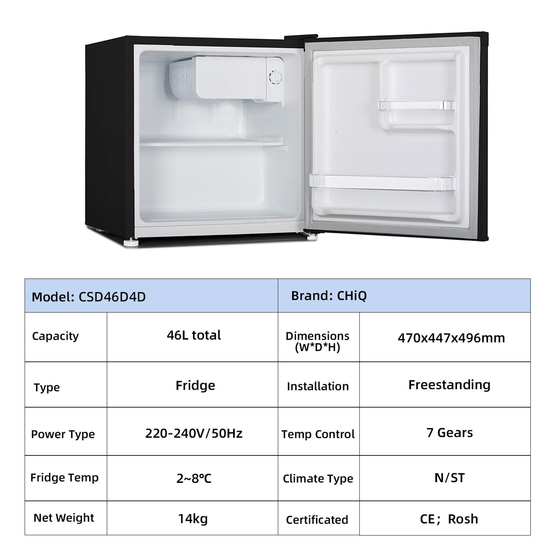 Small black CHiQ mini fridge with open door, featuring a specification table underneath.