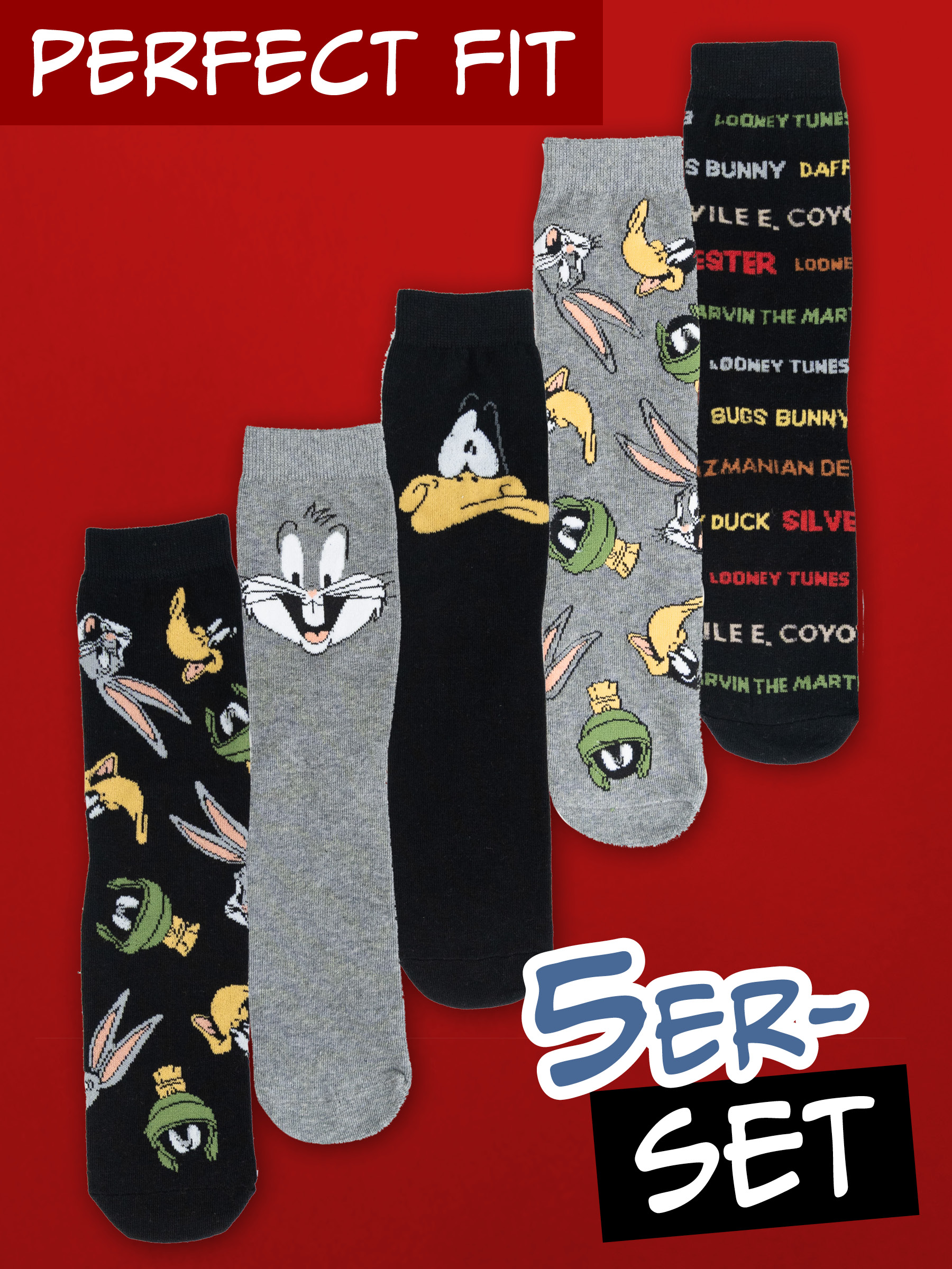 Fünf verschiedene Looney Tunes Socken vor rotem Hintergrund.