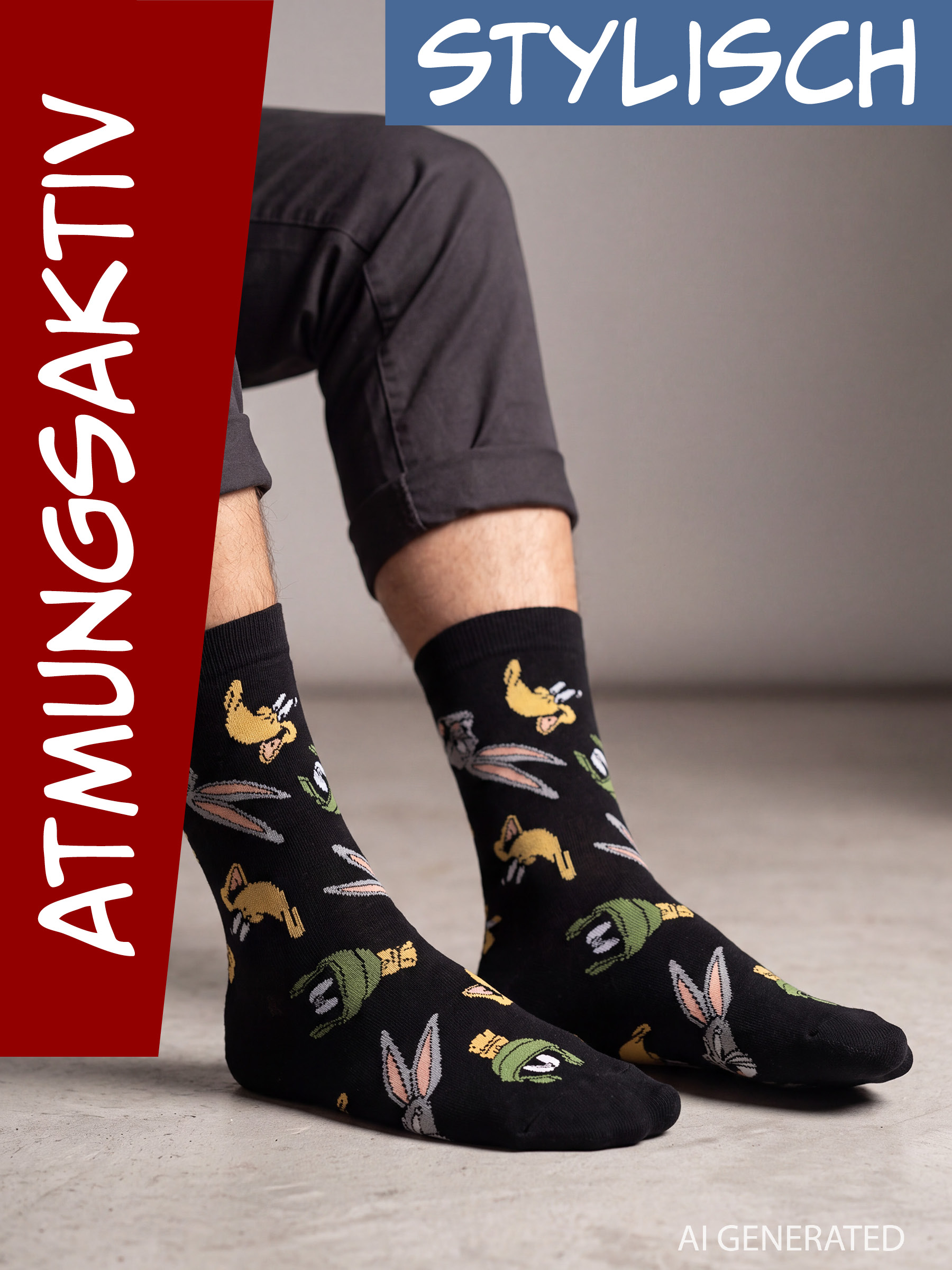 Eine Person trägt schwarze Socken mit Cartoon-Motiven und dunkle Hosen, seitlich mit Werbetexten versehen.