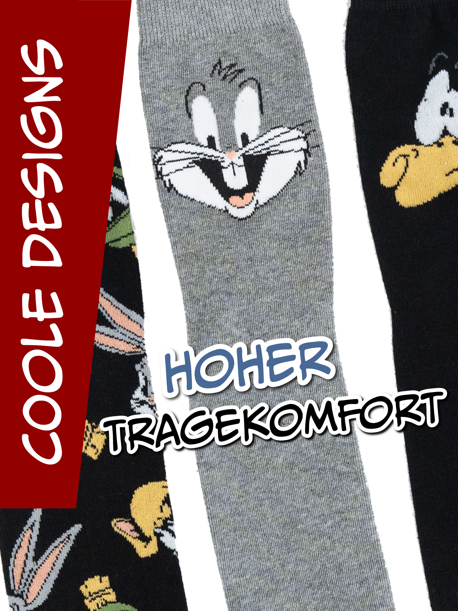 Graue Socke mit Bugs Bunny Gesicht und Text auf rotem und weißem Hintergrund.
