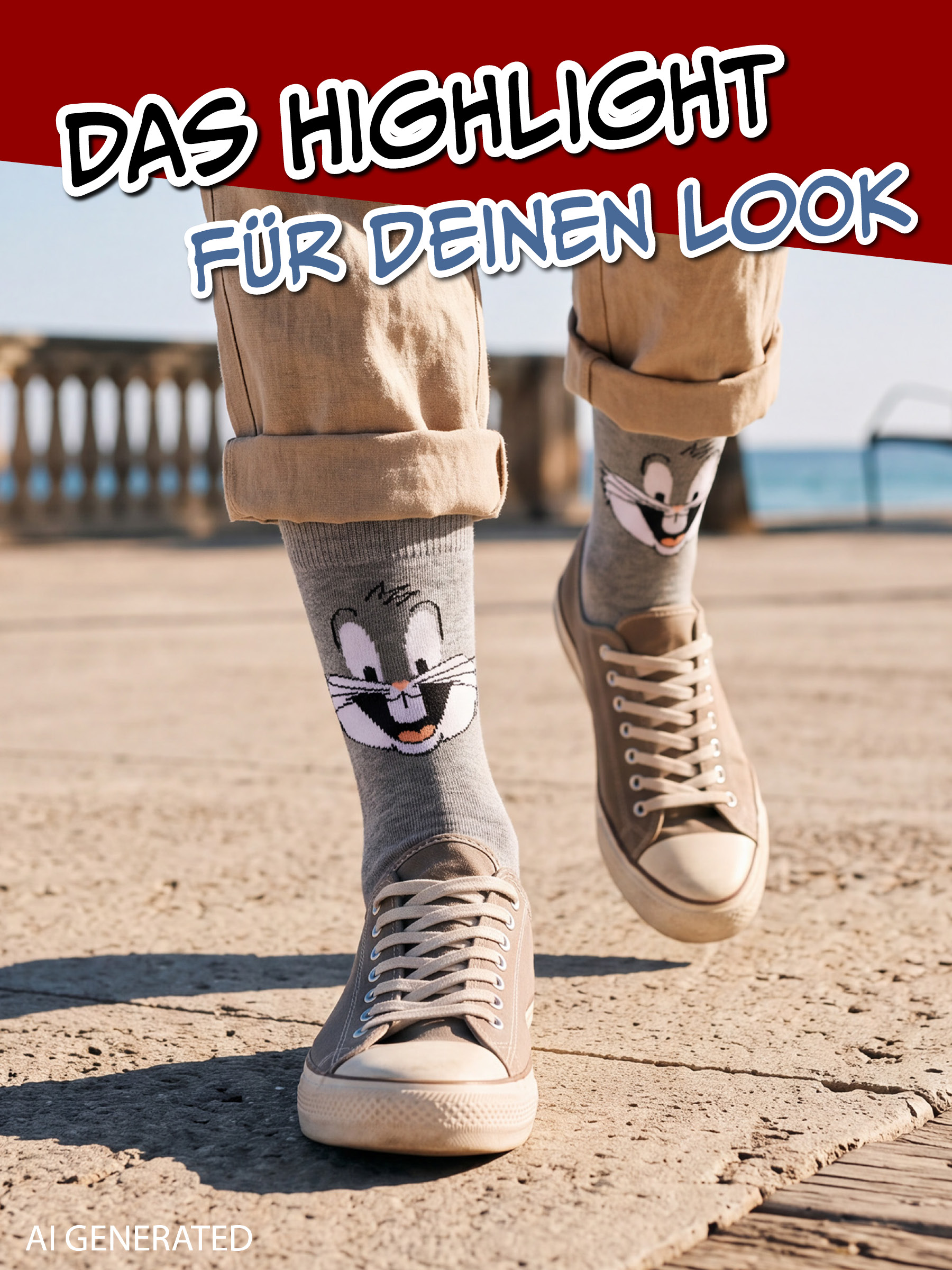 Person trägt graue Bugs-Bunny-Socken und braune Sneaker, mit deutschem Werbetext oben.