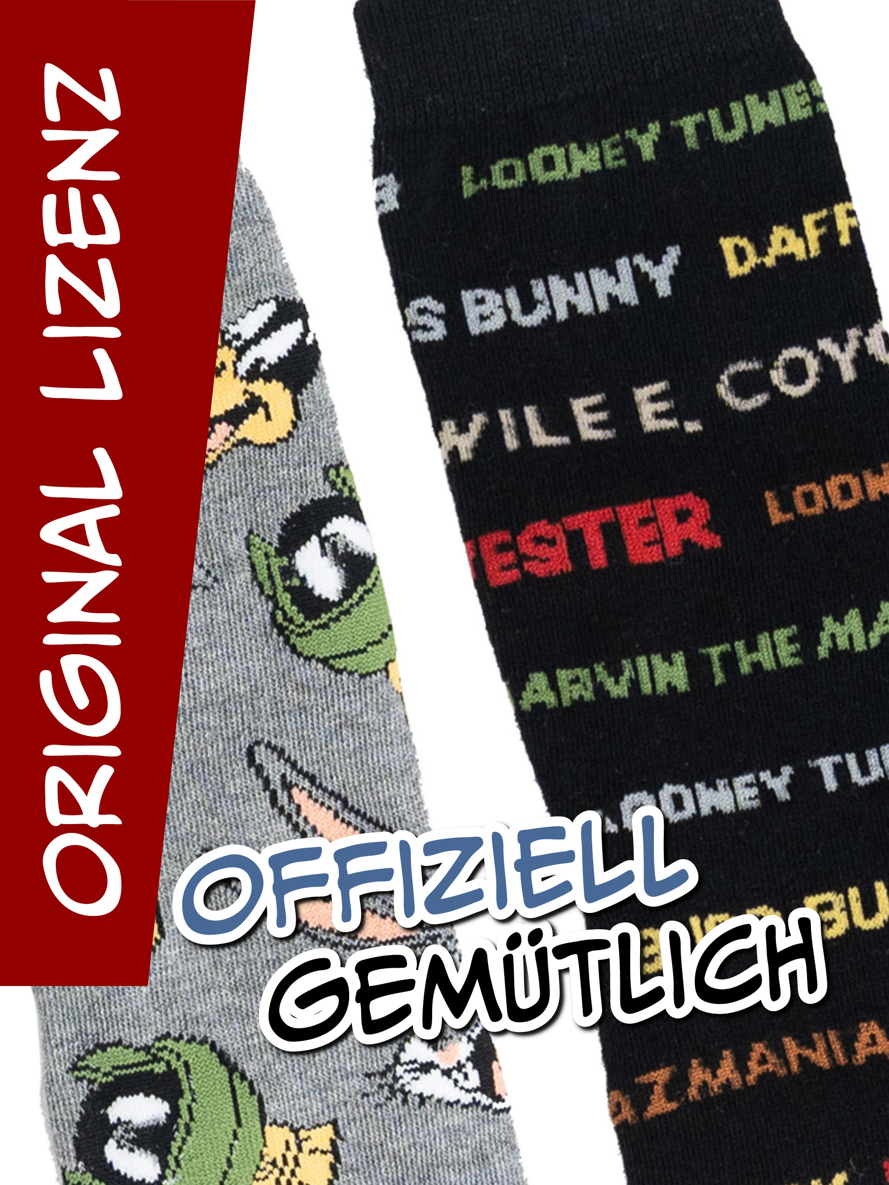 Zwei Looney Tunes Socken, grau mit Figuren und schwarz mit Text, sowie rot-blaue Textüberlagerungen.