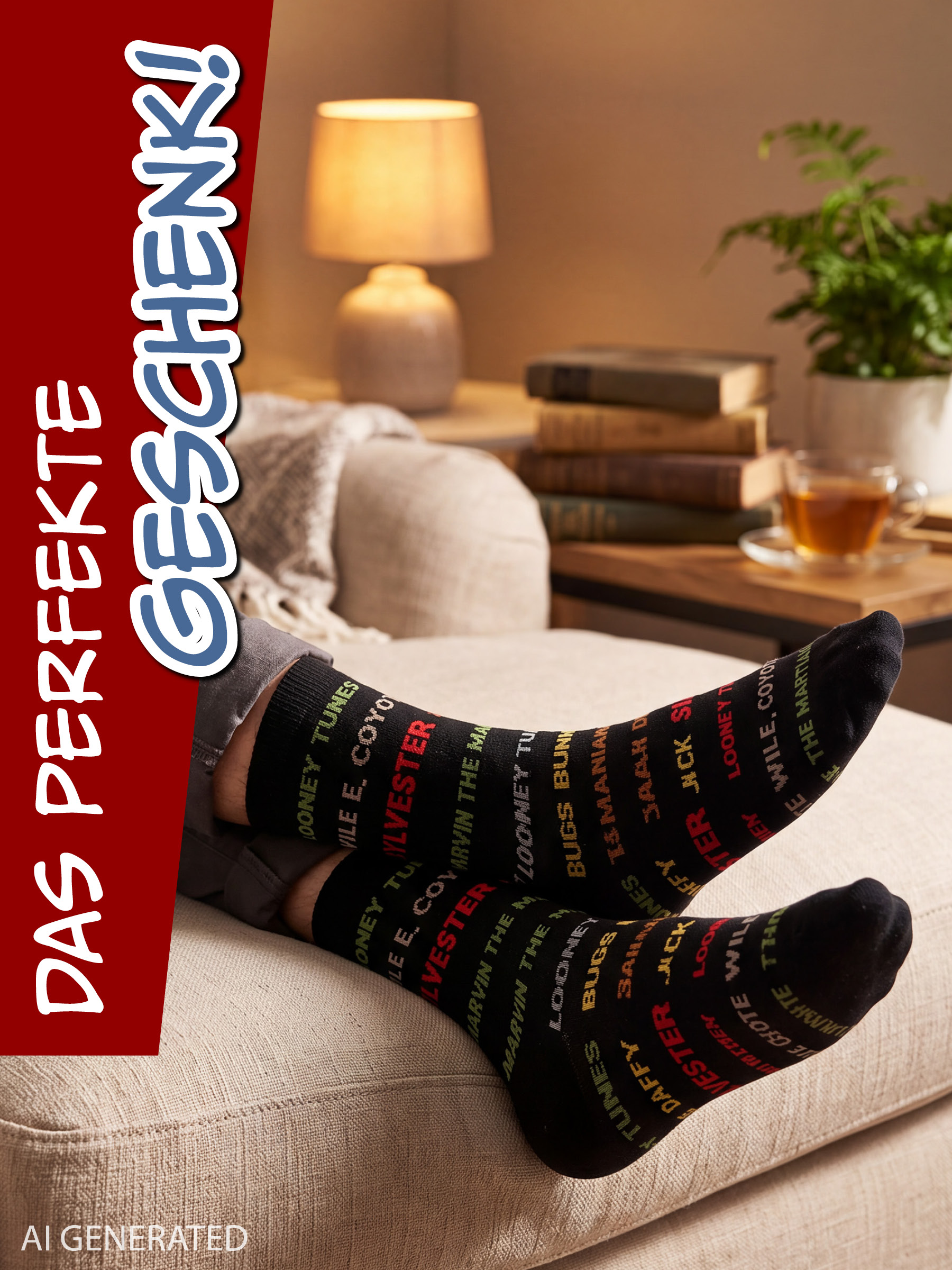 Person ruht Füße in Looney-Tunes-Socken auf Sofa, mit gemütlichem Zimmerhintergrund.