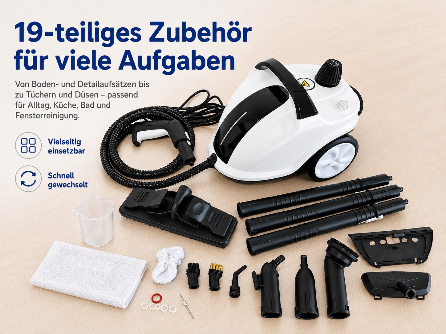 Weiß-schwarzer Dampfreiniger mit umfangreichem 19-teiligem Zubehör auf Holzoberfläche.