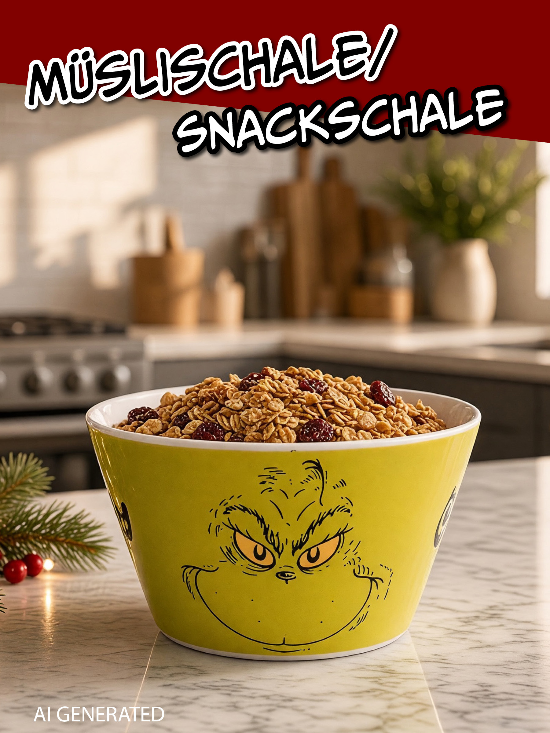 Eine grüne Schale mit Grinch-Gesicht, gefüllt mit Müsli und Cranberries, steht auf einer Küchentheke.