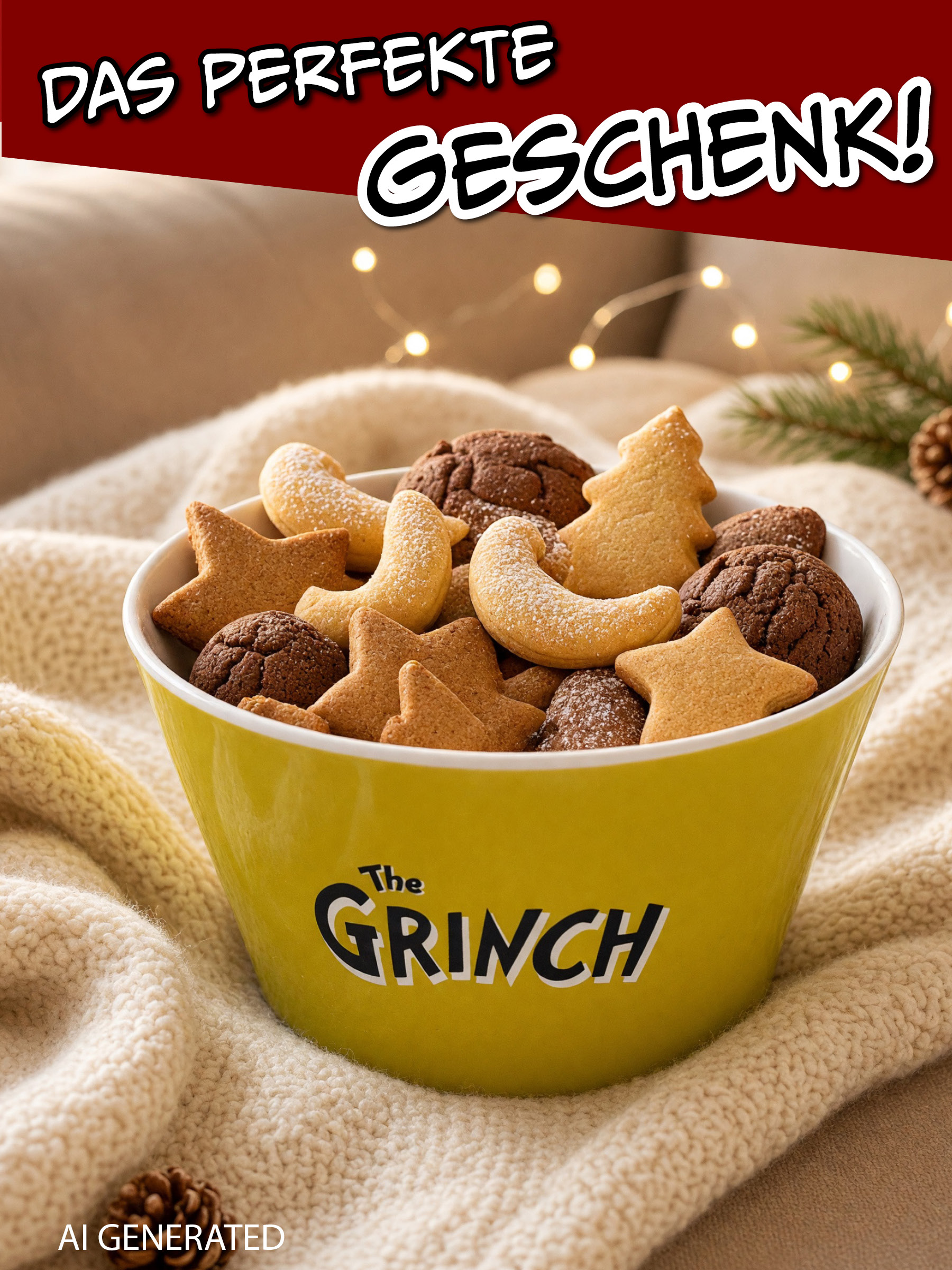 Eine gelbe Schüssel mit dem Grinch-Logo gefüllt mit verschiedenen Weihnachtskeksen, ruht auf einer weichen Decke.