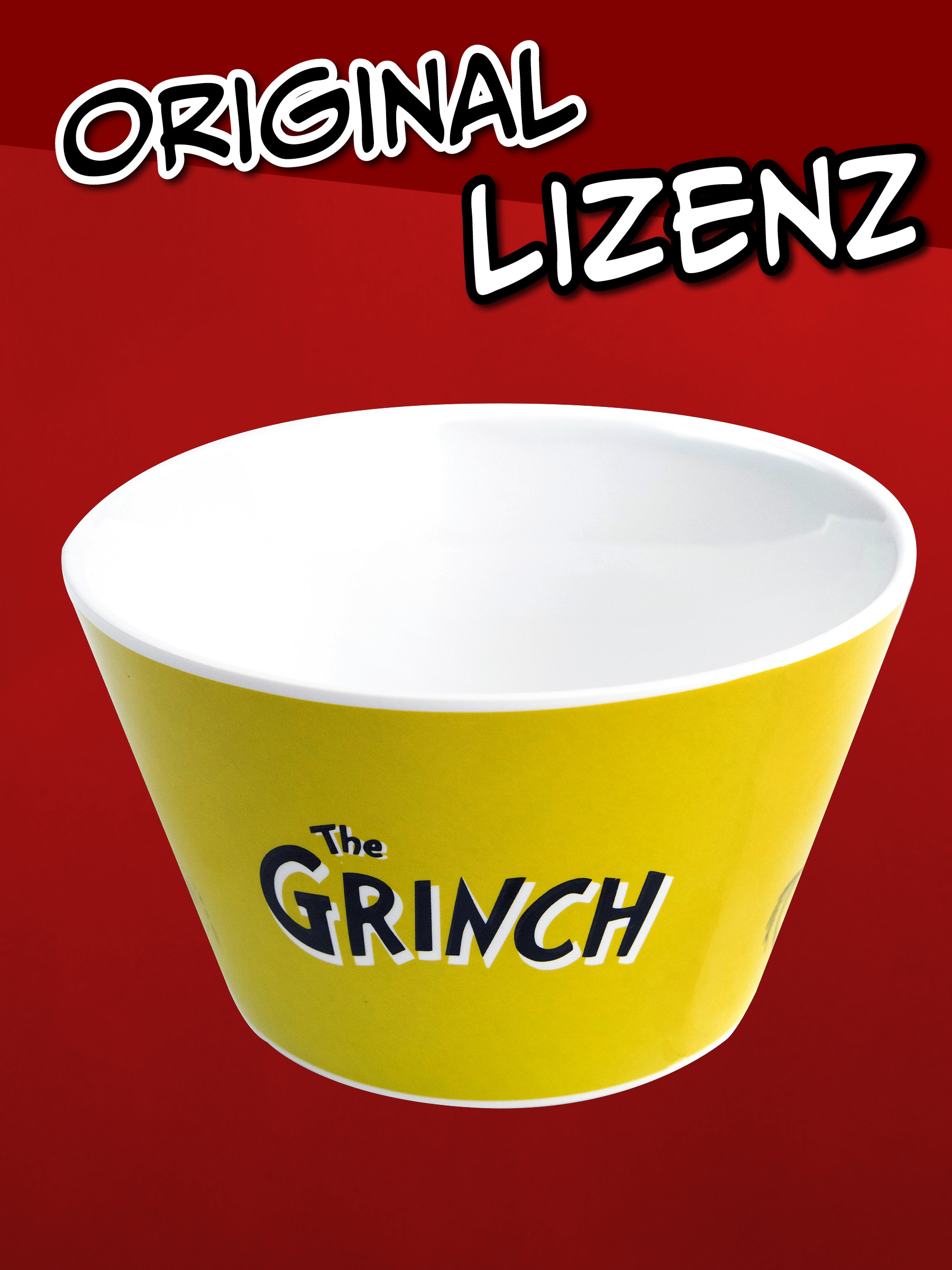 Gelbe Müslischale mit weißer Innenseite und schwarzem Grinch-Schriftzug auf rotem Hintergrund mit weißem Text.