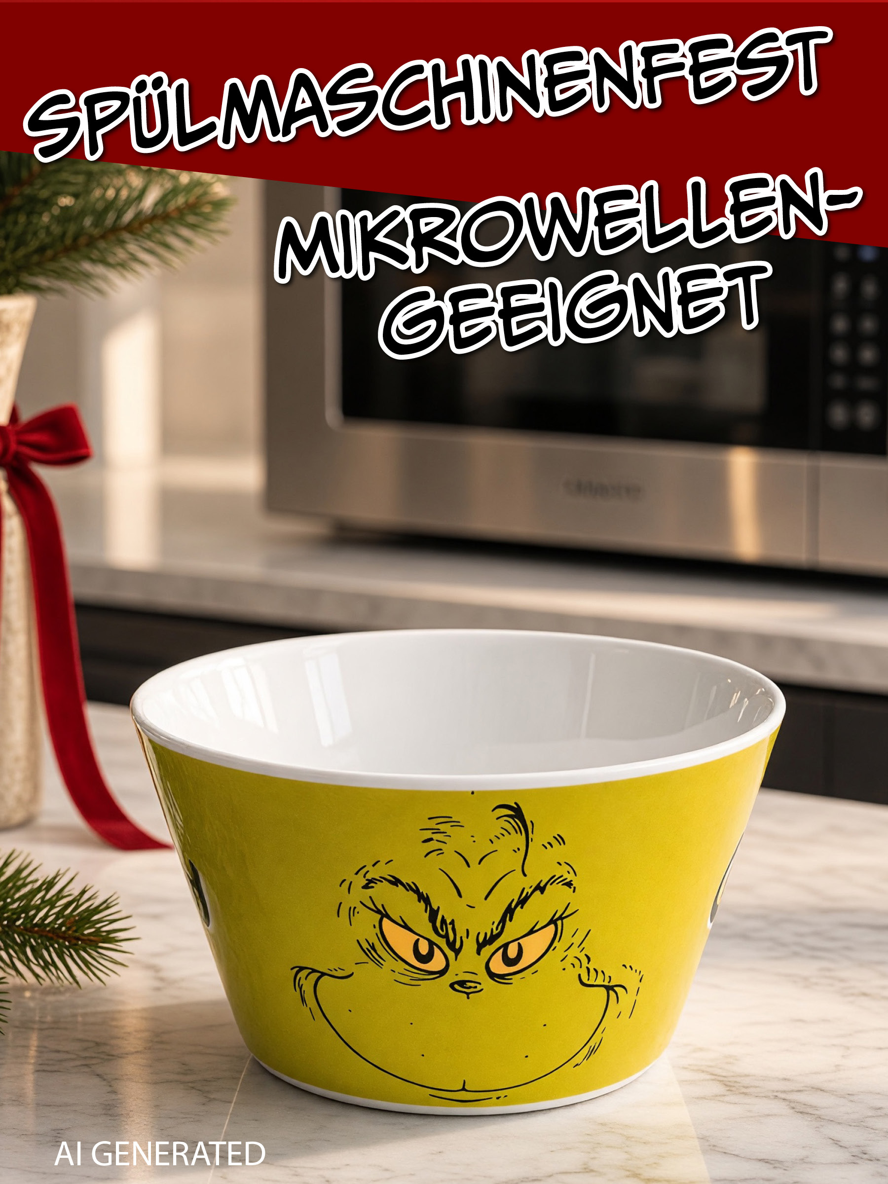Eine grüne Schüssel mit Grinch-Gesicht auf Marmortheke, Mikrowelle und Tannenzweig im Hintergrund.
