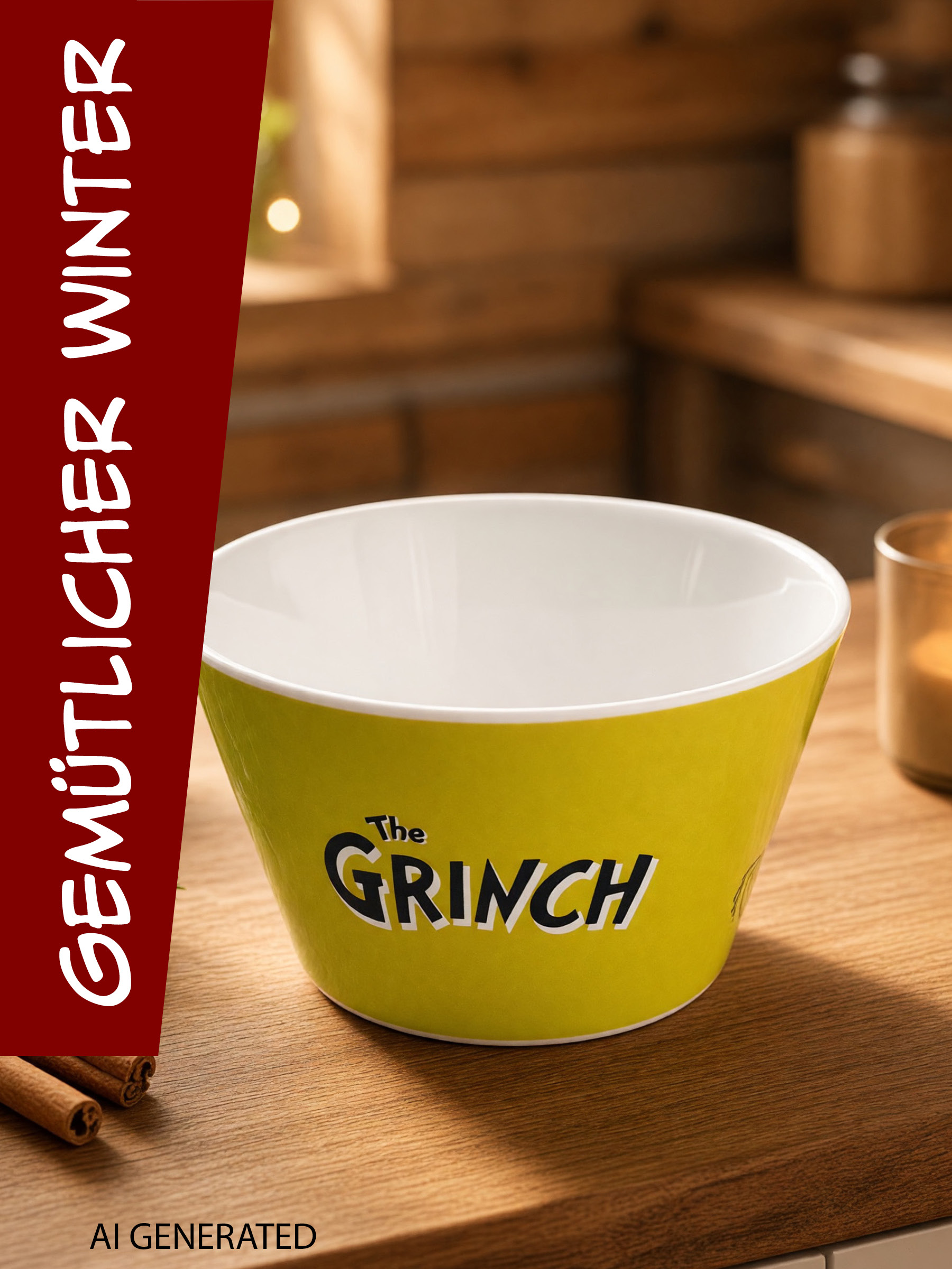 Eine gelbe Schüssel mit der Aufschrift Der Grinch steht auf einem Holztisch in einer Küche.