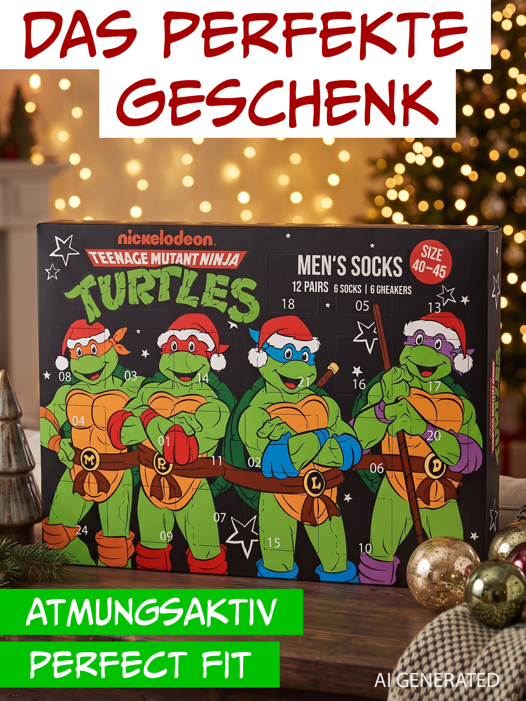 Ein Teenage Mutant Ninja Turtles Adventskalender mit den vier Turtles in Weihnachtsmützen vor einem Weihnachtsbaum.