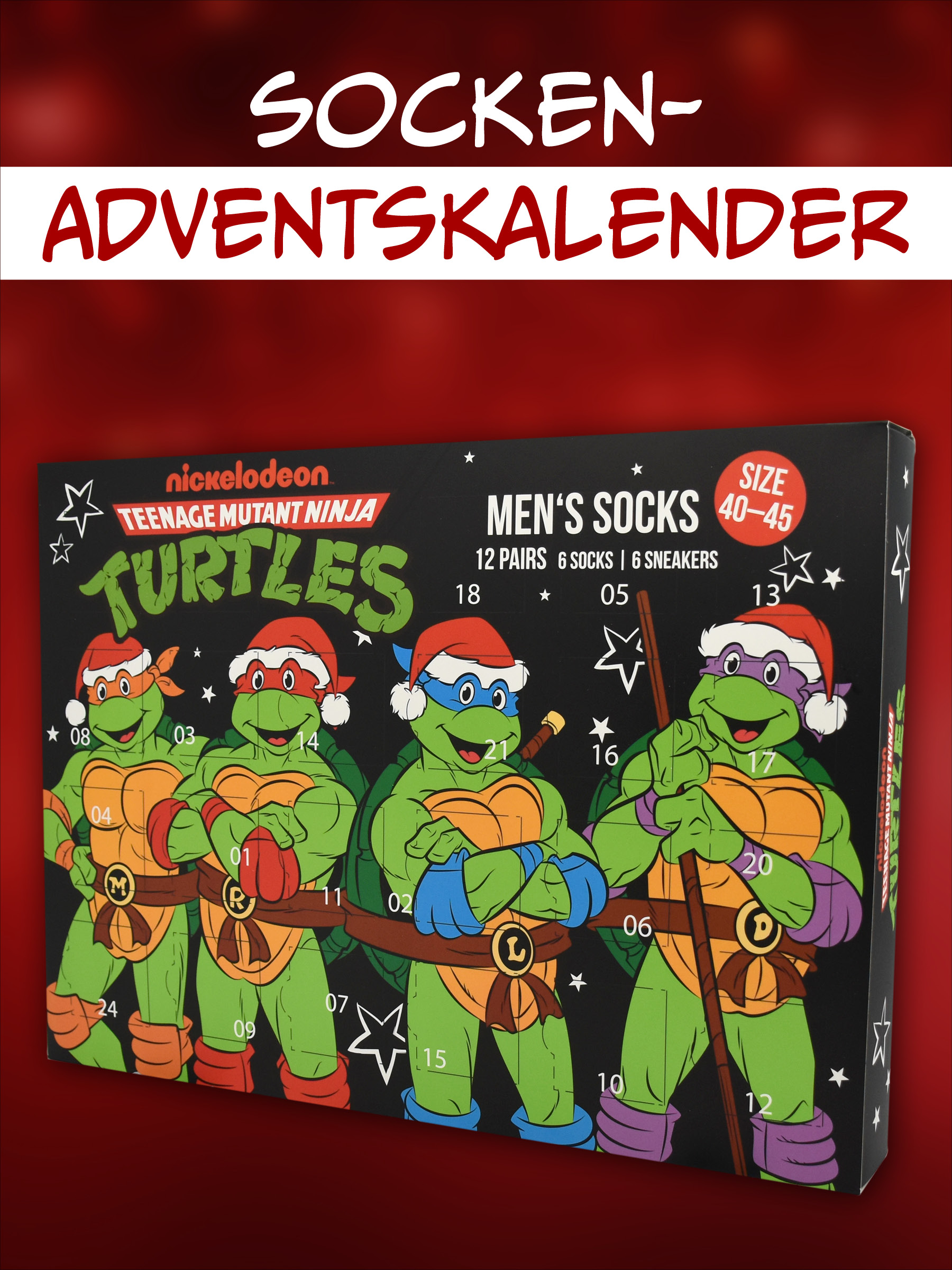 Socken-Adventskalender mit Teenage Mutant Ninja Turtles im Weihnachtsmann-Look auf schwarzem Grund.