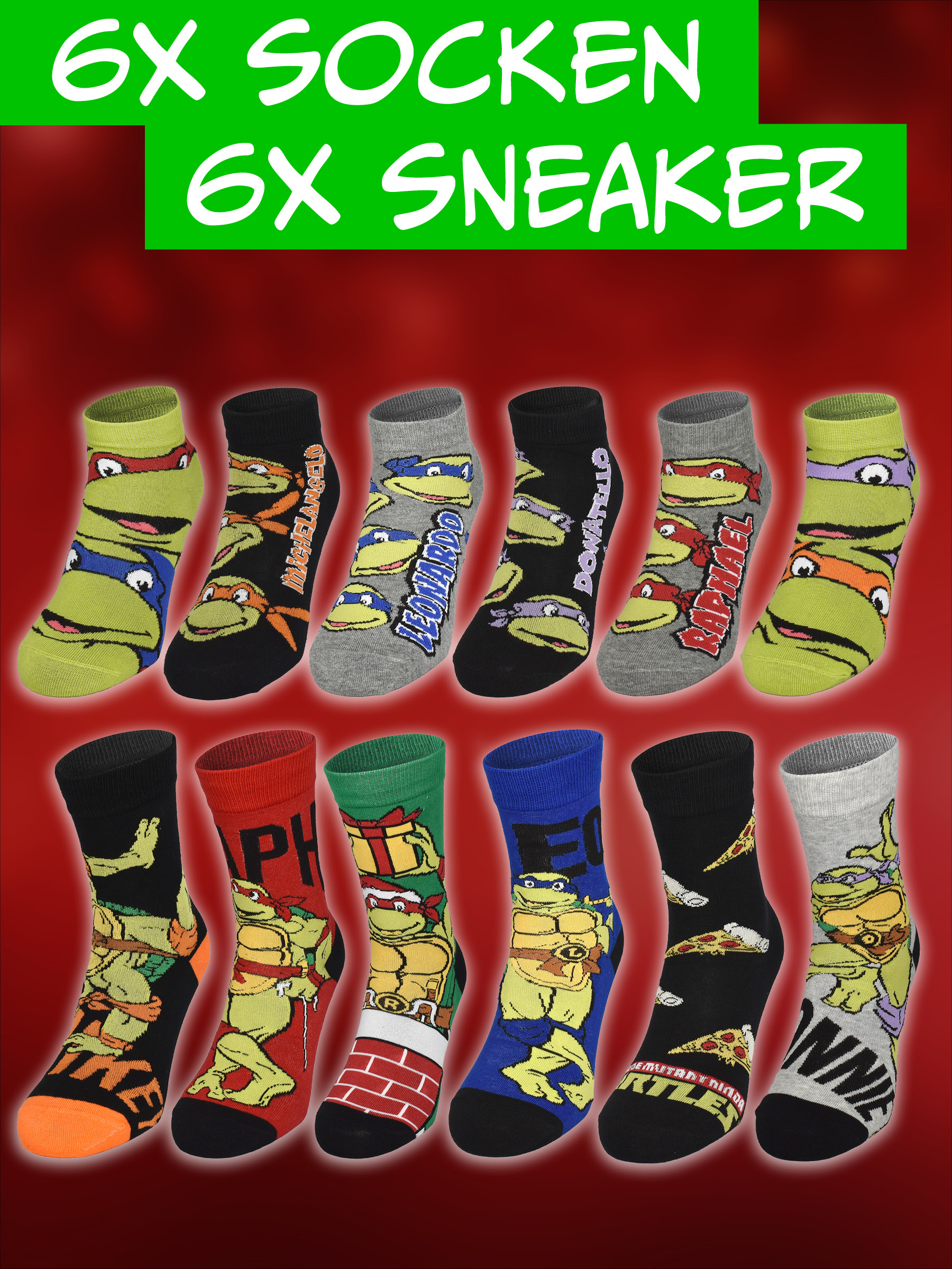 Zwölf bunte Socken mit Teenage Mutant Ninja Turtles Motiven auf rotem Hintergrund.