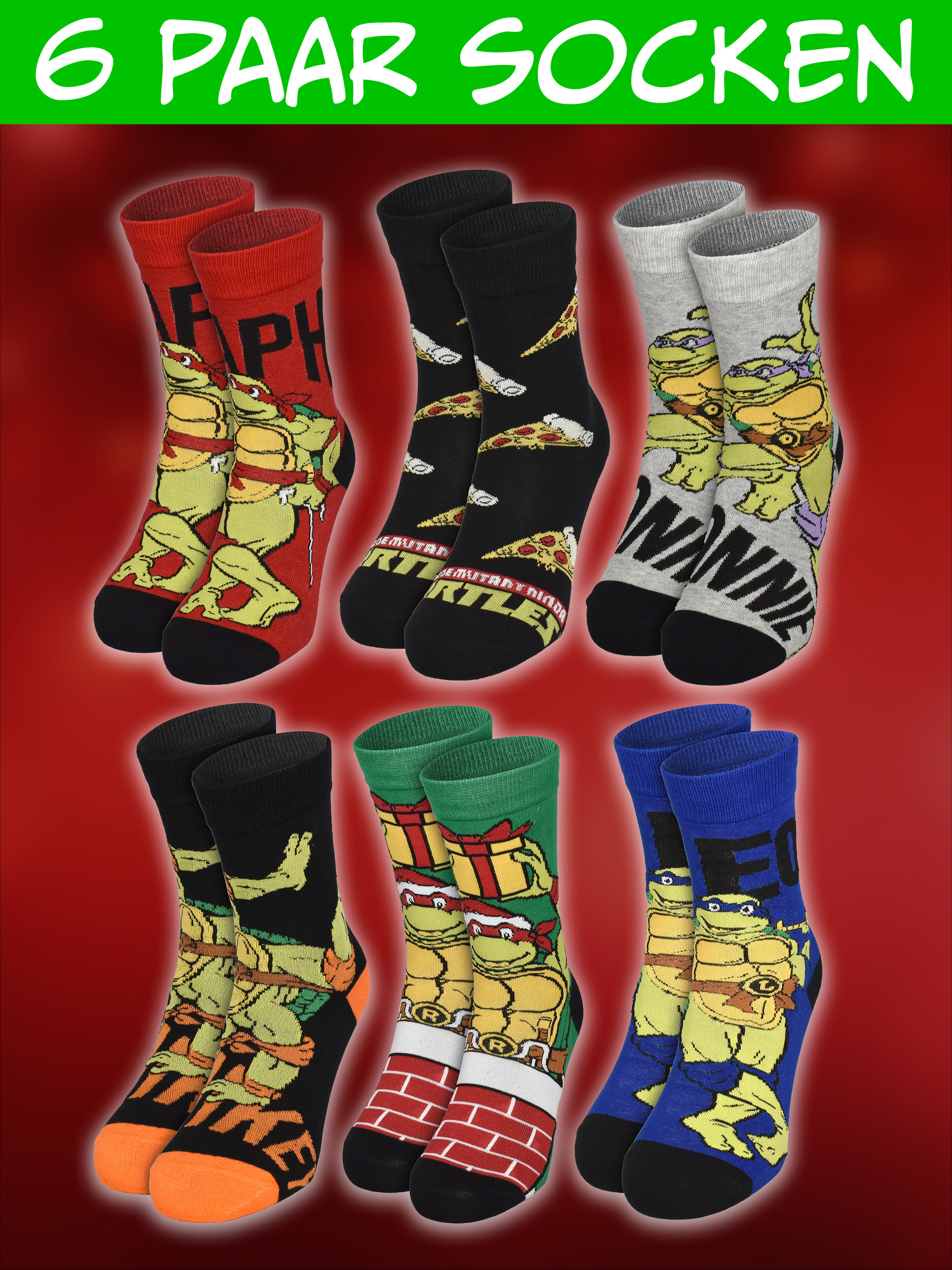 Sechs Paar bunte Teenage Mutant Ninja Turtles Socken auf rotem Hintergrund mit weißer Textüberschrift.