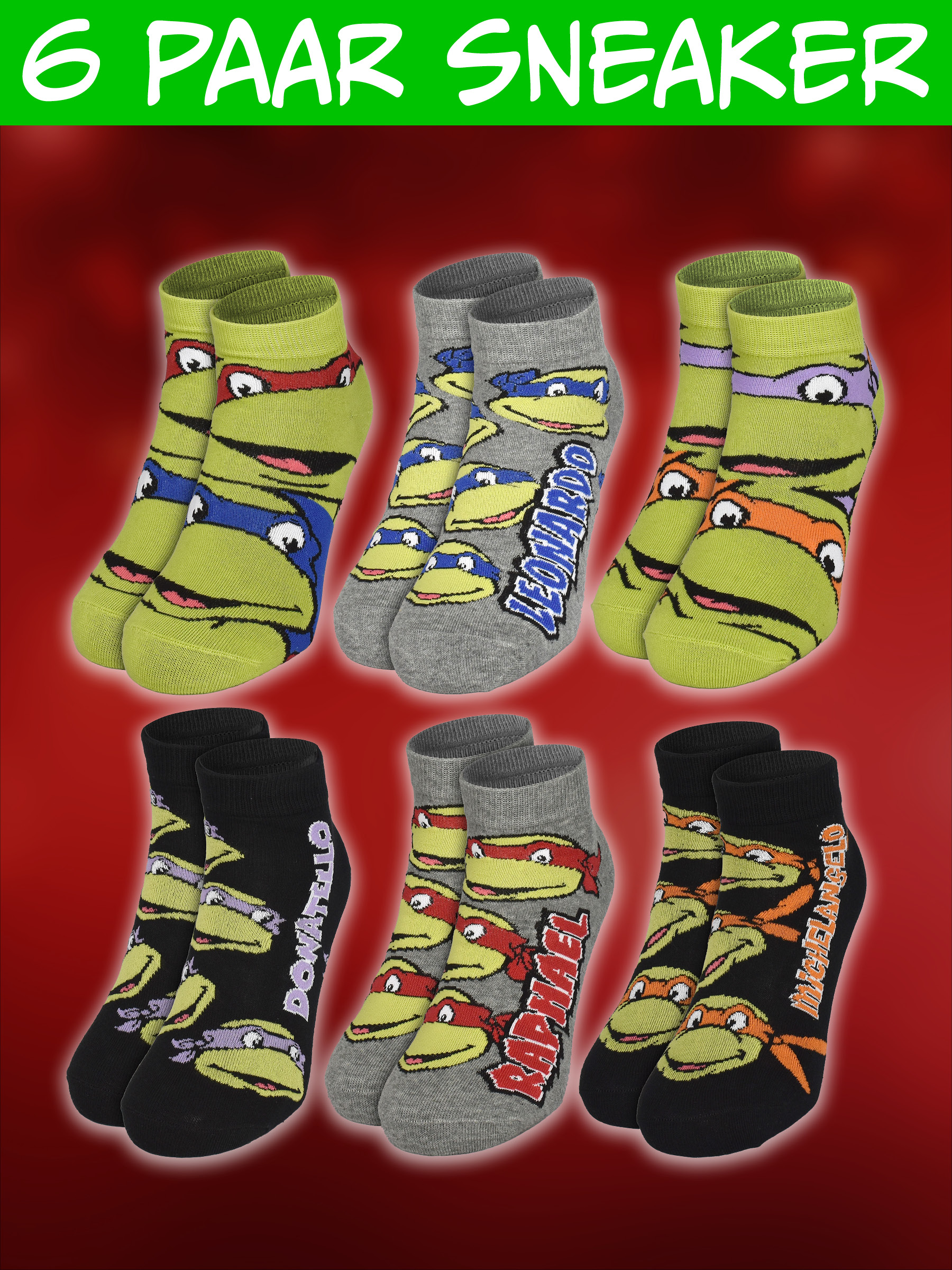 Sechs Paar Ninja-Turtles-Socken in Grün, Grau und Schwarz mit Charaktergesichtern.