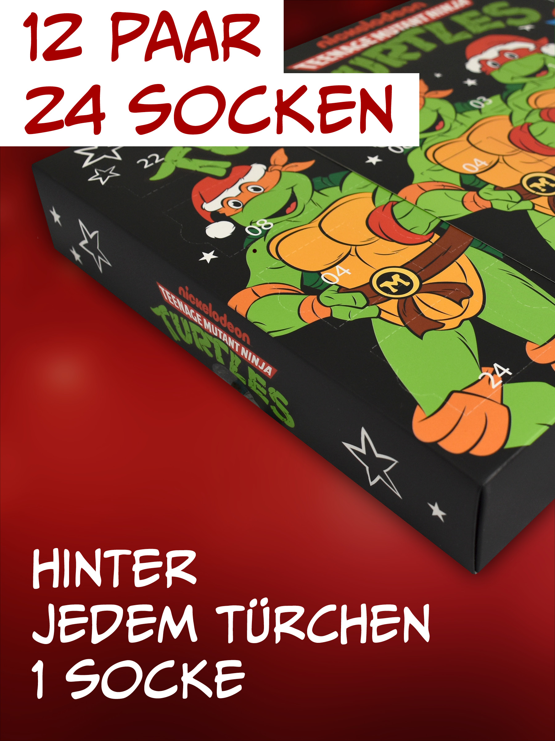 Teenage Mutant Ninja Turtles Adventskalender mit 24 Türchen für 24 Socken auf rotem Hintergrund.