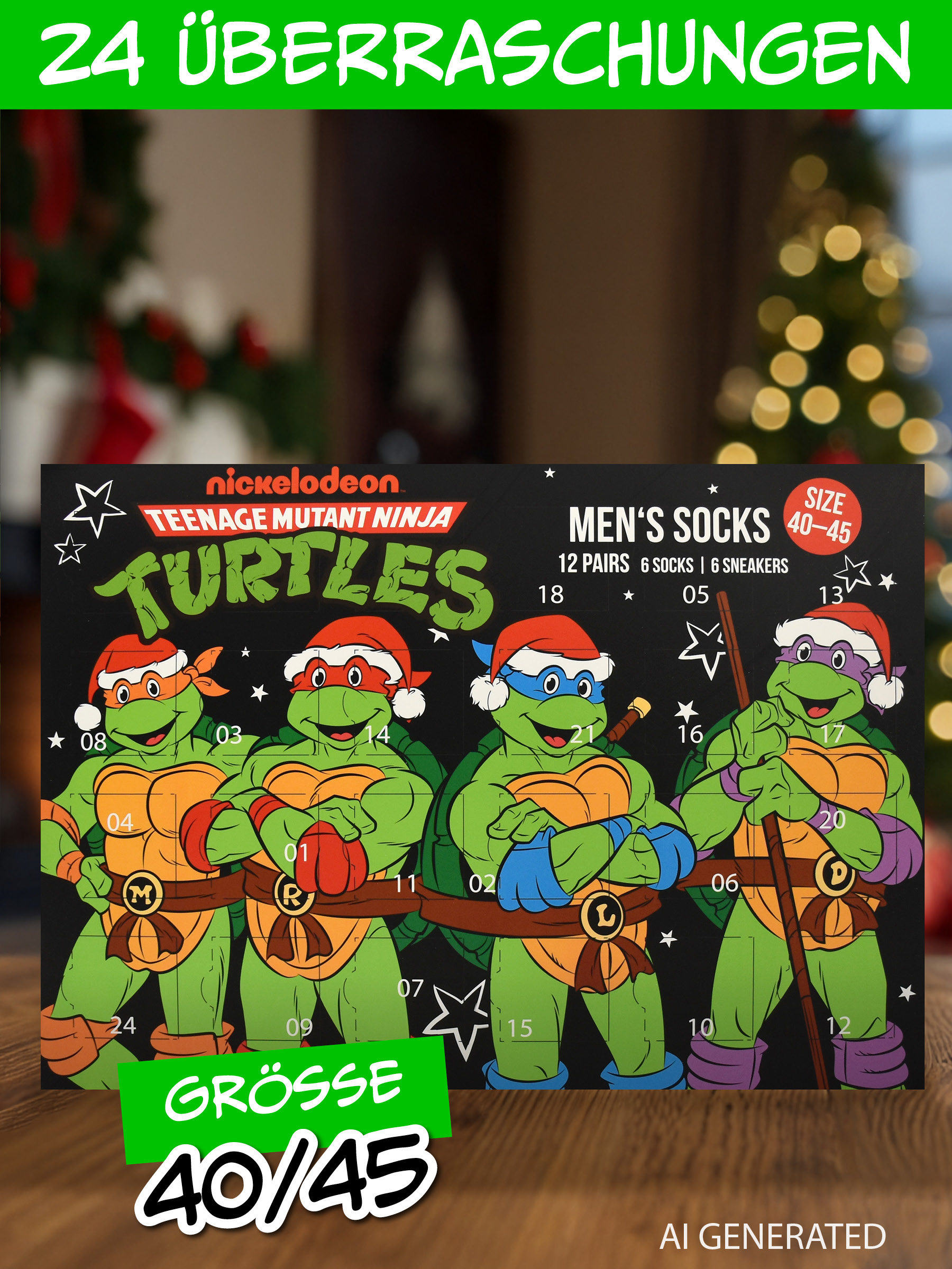 TMNT Adventskalender mit vier Turtles in Weihnachtsmützen vor einem Weihnachtsbaum.