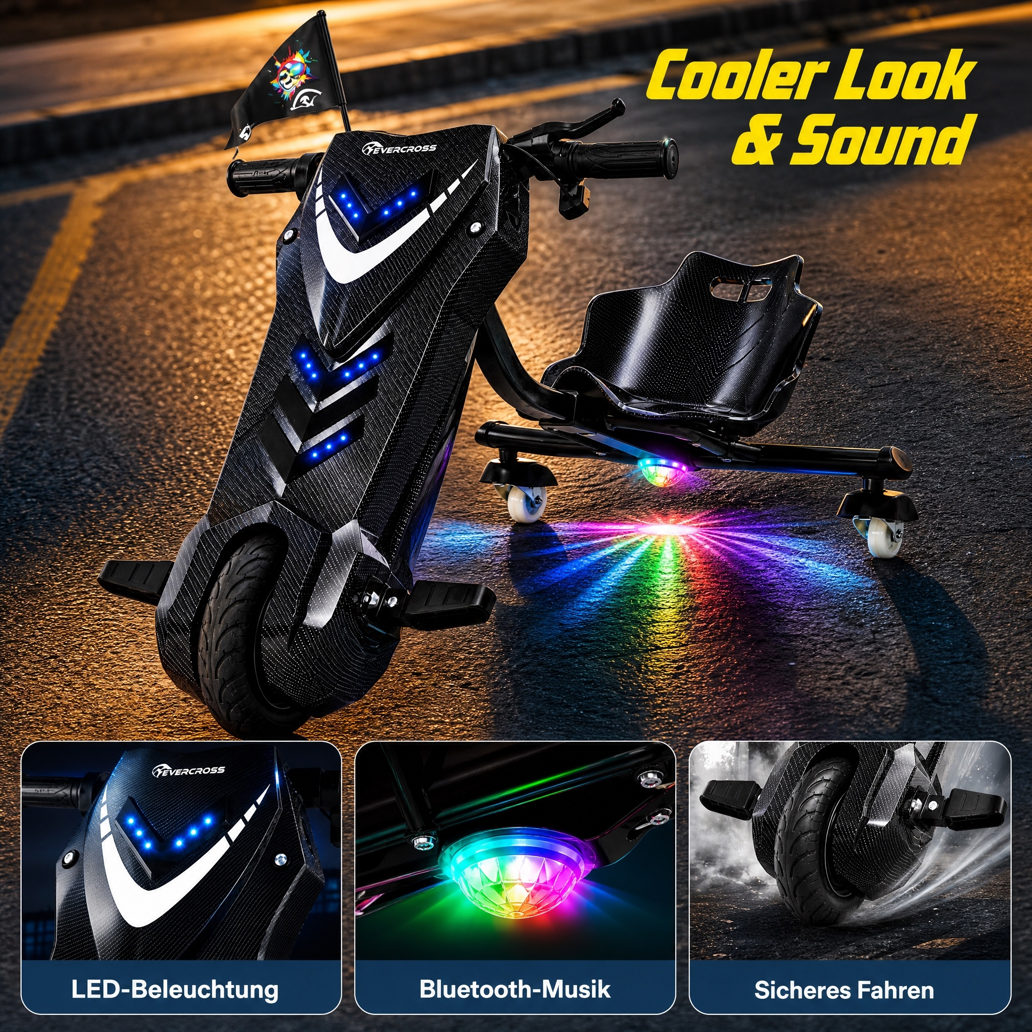 Schwarzes Drift-Dreirad mit blauen LED-Lichtern und bunten Bodenstrahlern auf Asphalt.