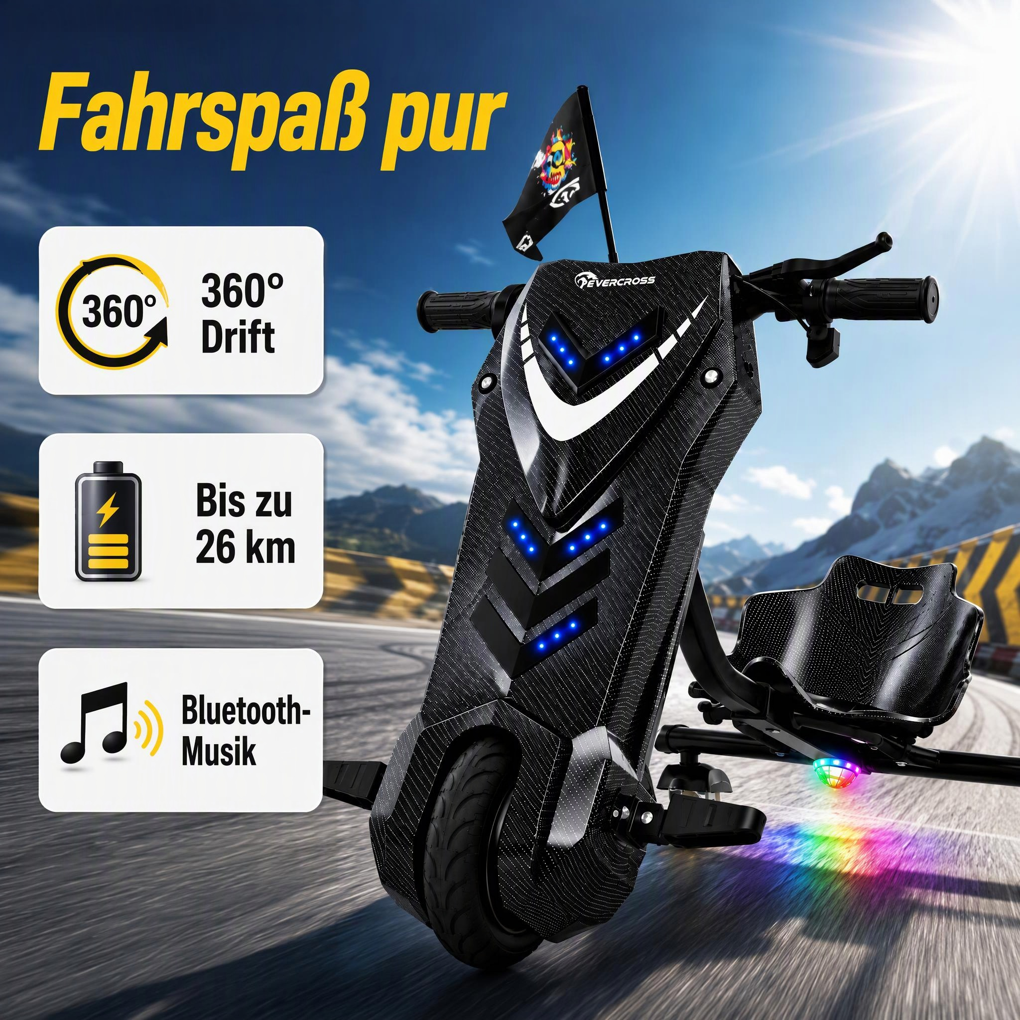 Ein schwarzes elektrisches Drift-Trike auf Asphalt mit Funktionssymbolen links und Bergen im Hintergrund.