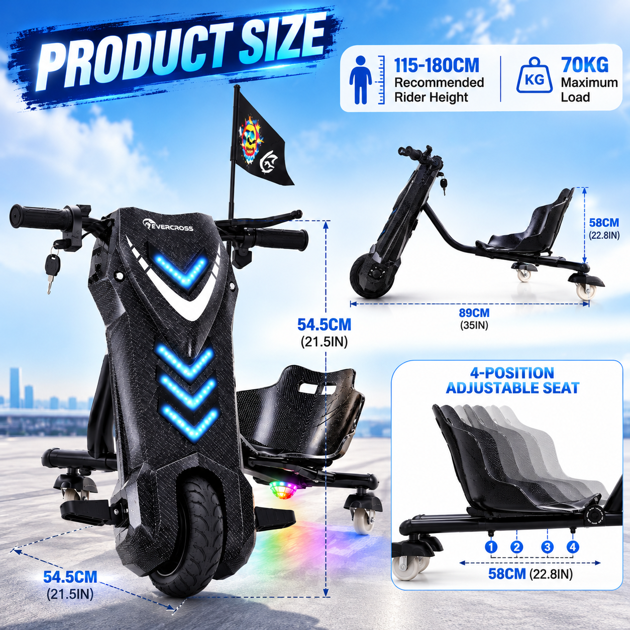 Produktgröße und Maße eines schwarzen Drift-Karts mit Lichtern, einstellbarem Sitz, für 115-180cm und 70kg.