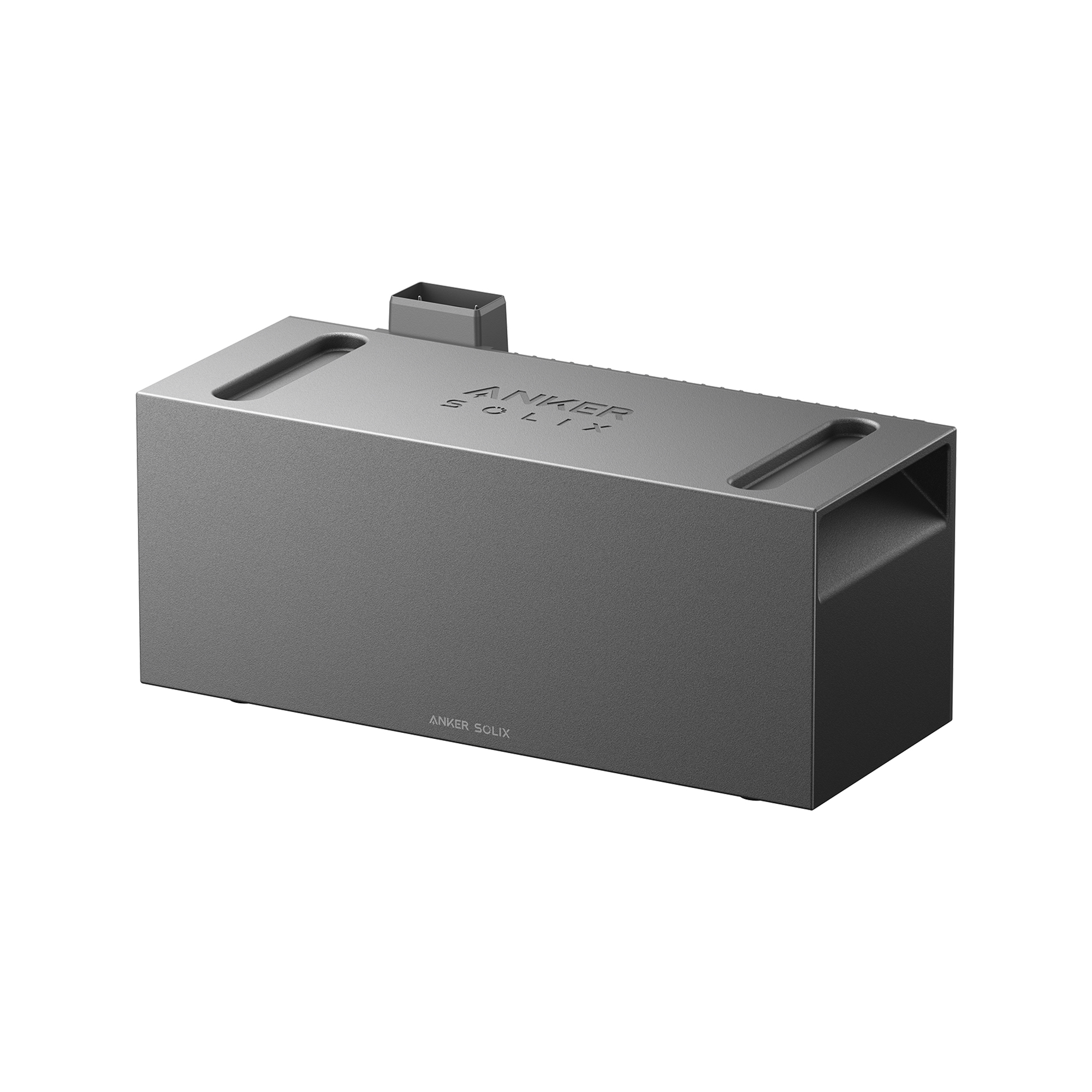 Graue Anker Solix Powerbank in rechteckiger Form mit integrierten Tragegriffen und einem oberen Anschluss.