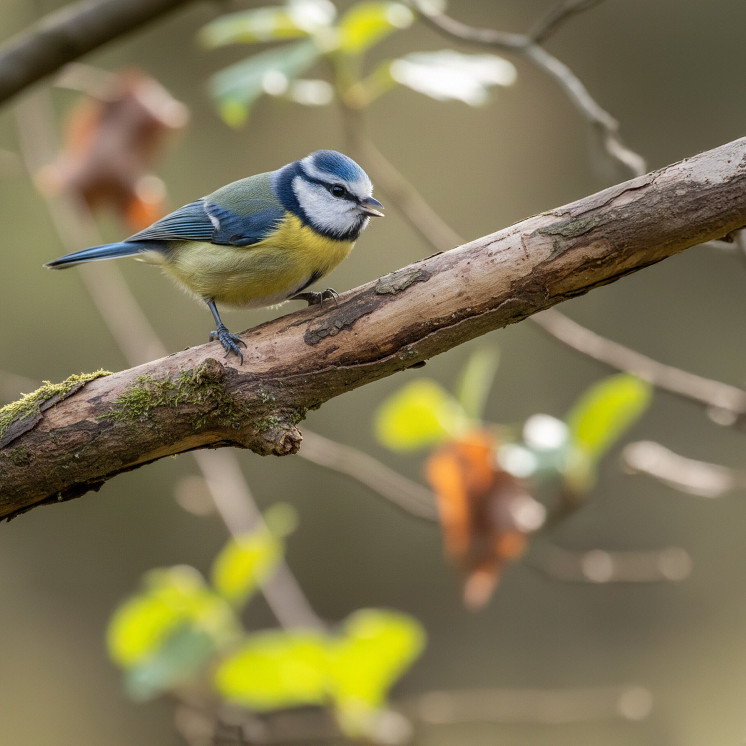 Eine Blaumeise sitzt auf einem bemoosten Ast vor verschwommenem Hintergrund.
