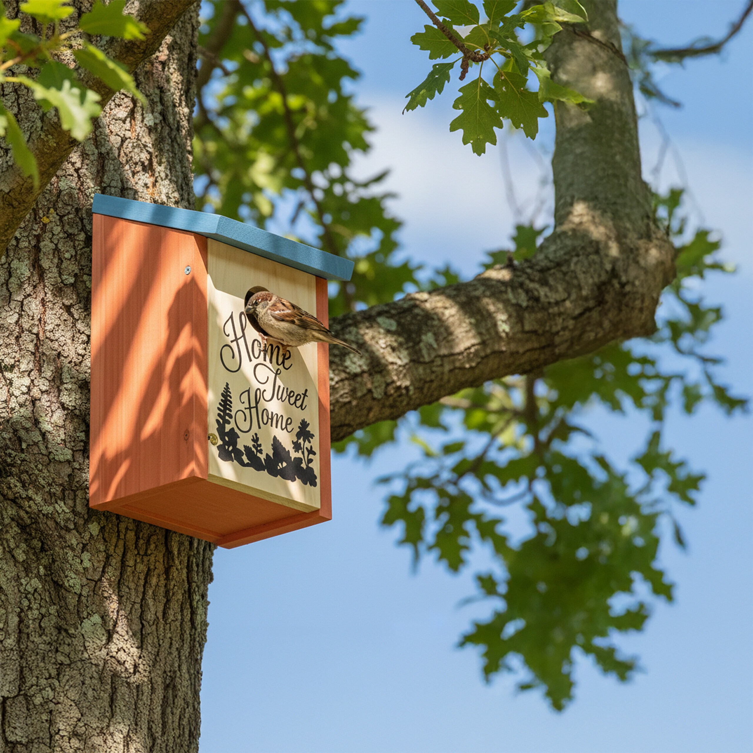 Ein kleiner Spatz sitzt auf einem hölzernen Nistkasten an einem Baum.